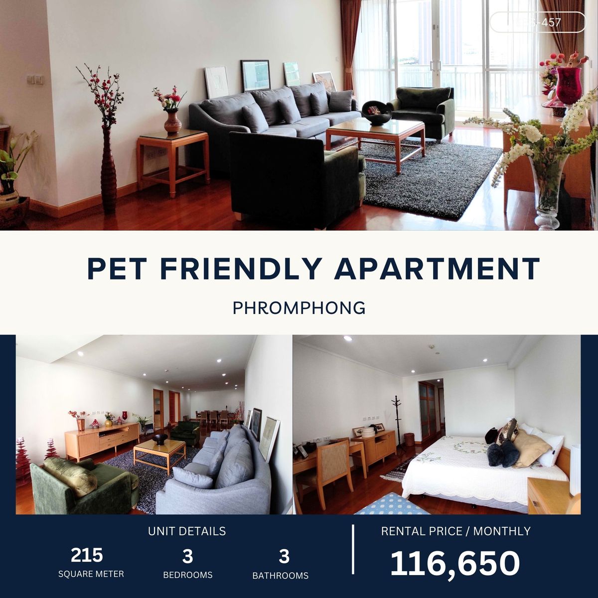 ให้เช่าคอนโดสุขุมวิท อโศก ทองหล่อ : 3 Bed Pet Friendly Modern and Luxury in Phromphong near Emsphere 215 sqm 116,000 🐶🔥🔥