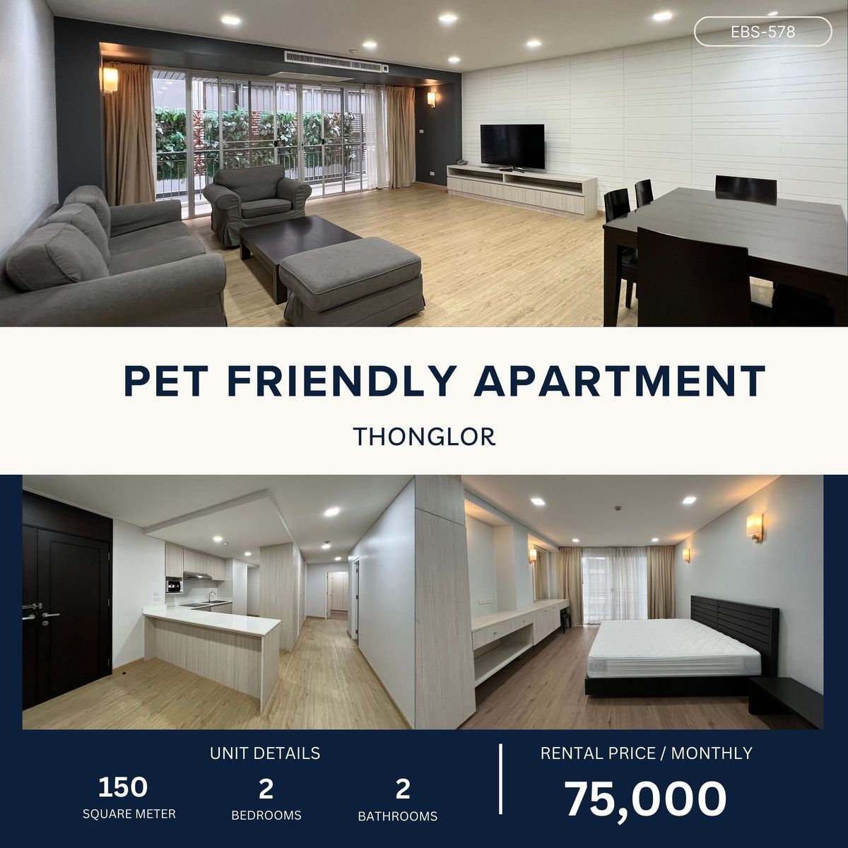 ให้เช่าสุขุมวิท อโศก ทองหล่อ : 🔥 Newly Renovated Pet Friendly  Apartment in Thonglor 2 Bed 150 sqm 75,000 per month 🔥