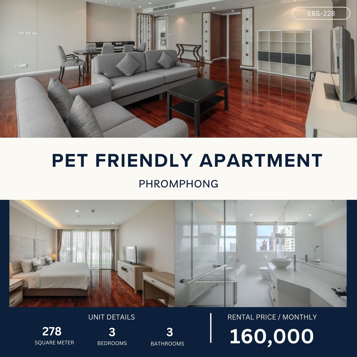 ให้เช่าคอนโดสุขุมวิท อโศก ทองหล่อ : Beautifully Decorated Apartment in Phromphong – Pet Friendly 3BR 278 sqm 160,000