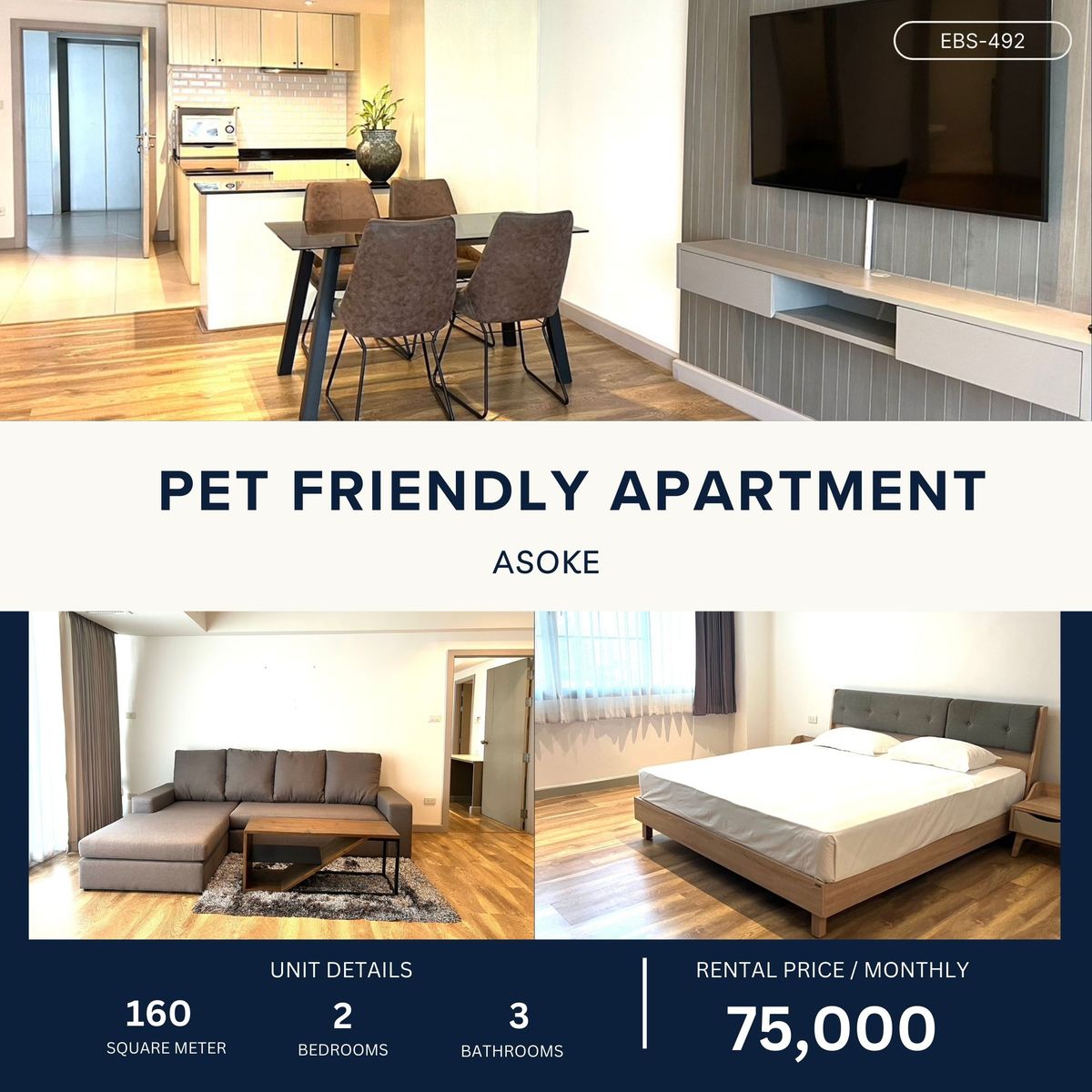 For RentCondoSukhumvit, Asoke, Thonglor : Pet Friendly Big-Sized Apartment Near BTS Asoke 3BA 3BA 160 SQM 75,000 Per Month