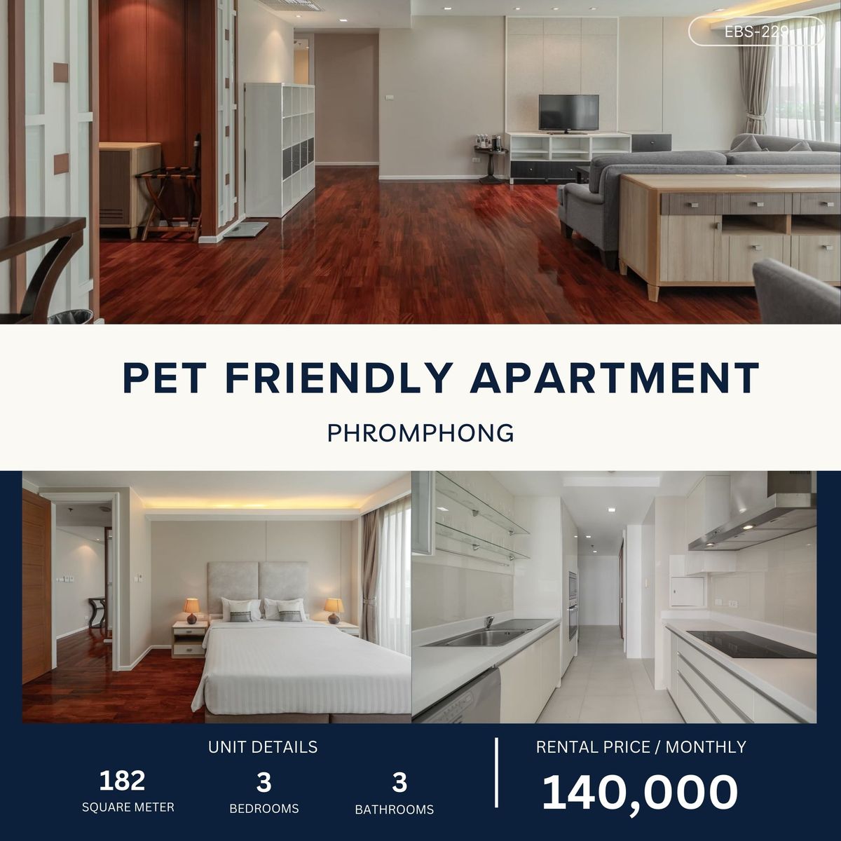 ให้เช่าคอนโดสุขุมวิท อโศก ทองหล่อ : Beautifully Decorated Apartment in Phromphong – Pet Friendly 3BR 182 sqm 140,000