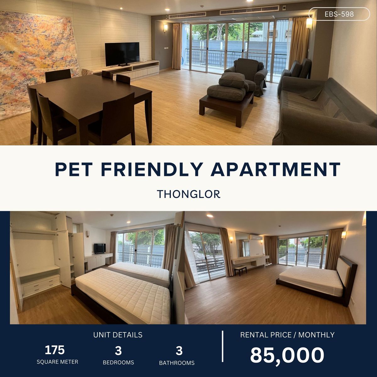 ให้เช่าคอนโดสุขุมวิท อโศก ทองหล่อ : Newly Renovated Pet Friendly in Thonglor 3 Bed 175 sqm 85,000 per month