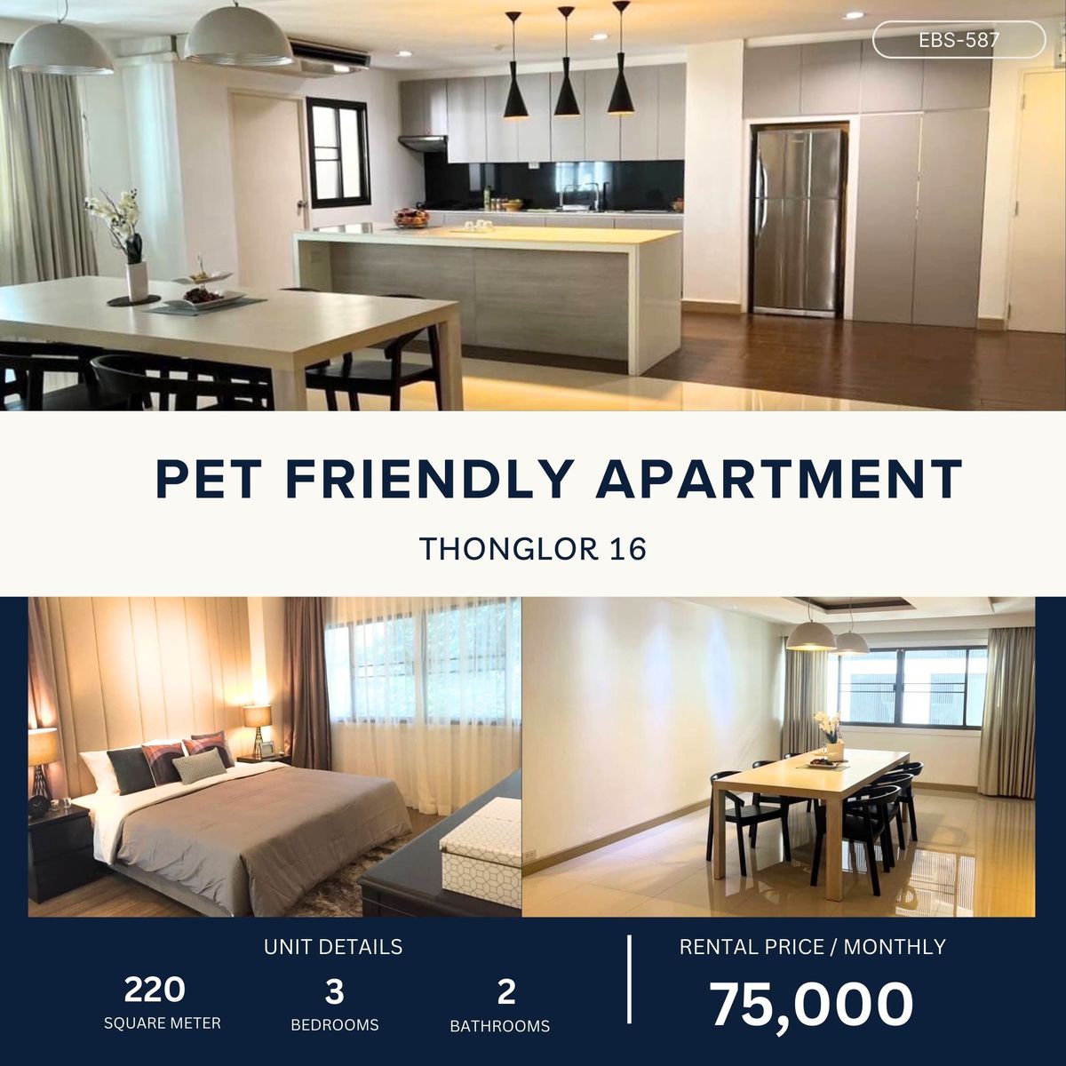 ให้เช่าสุขุมวิท อโศก ทองหล่อ : Pet Friendly  Big-Sized Apartment near BTS Thonglo 3BR 220 sqm 75,000 per month 🔥