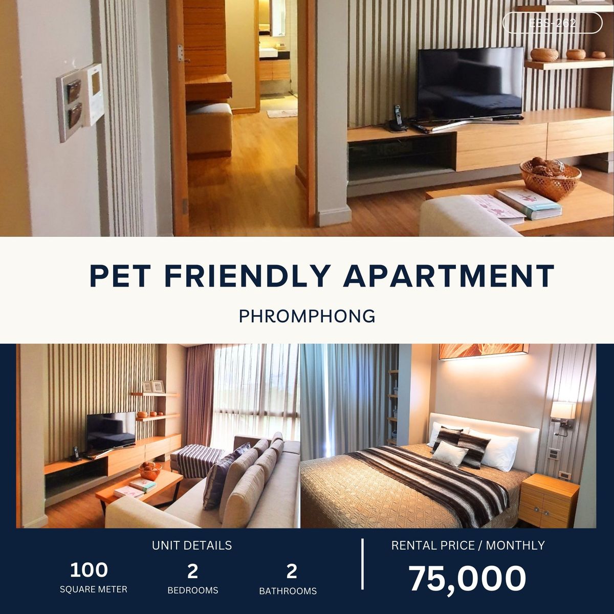 ให้เช่าคอนโดสุขุมวิท อโศก ทองหล่อ : Pet-Friendly Luxury Apartment in Phromphong 2 Bed 100 sqm 75,000 per month