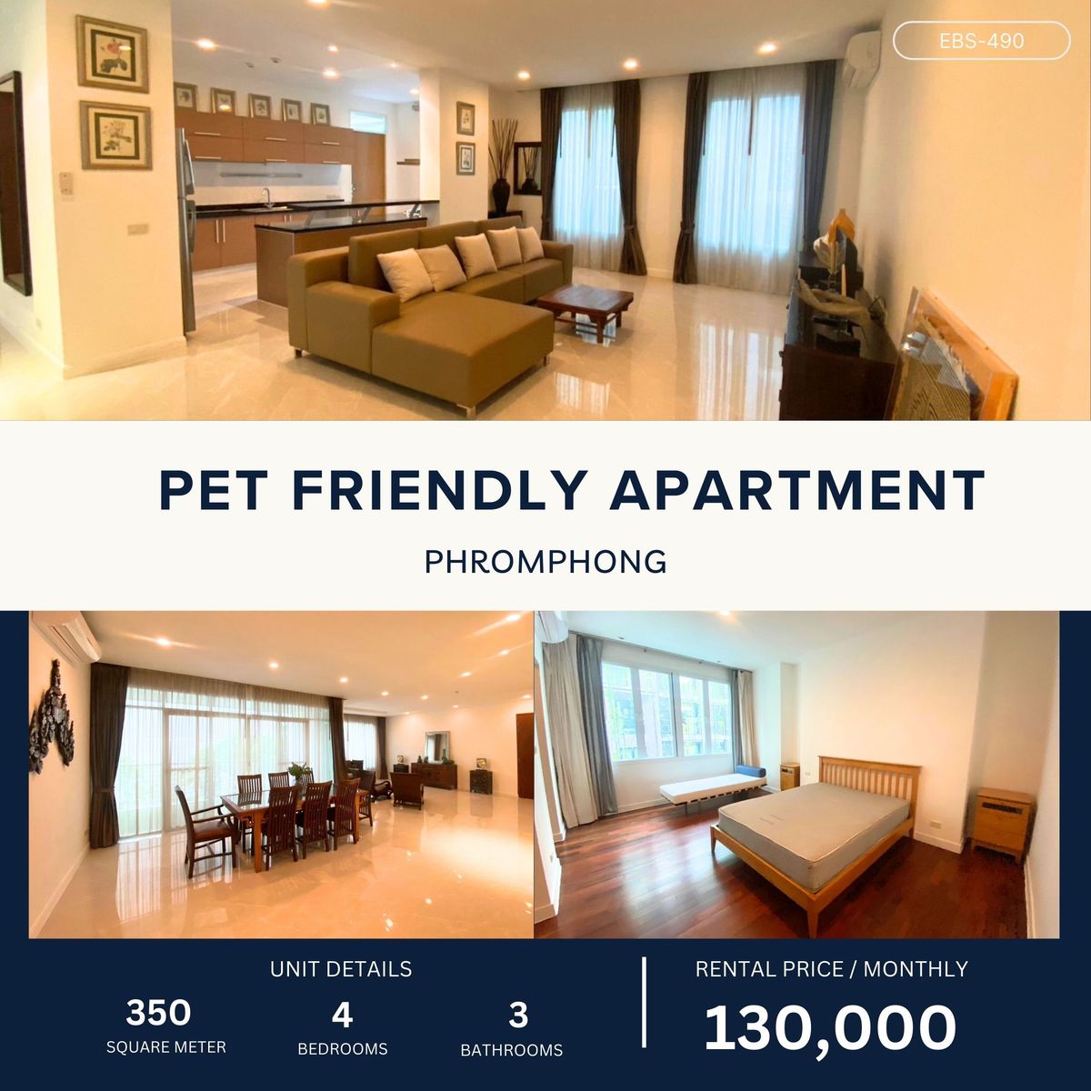 ให้เช่าสุขุมวิท อโศก ทองหล่อ : Extra-Large 350 sqm 4B3B Apartment in the Heart of Asoke – Pet Friendly 130,000/month
