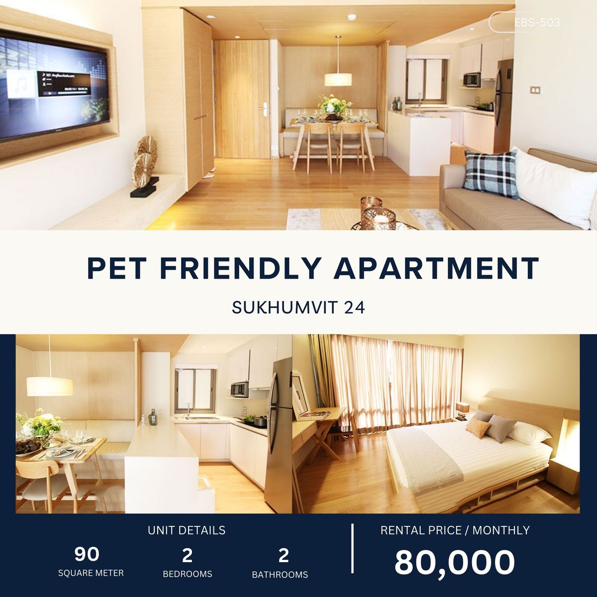 ให้เช่าคอนโดสุขุมวิท อโศก ทองหล่อ : ห้องแต่งสวย ห้ามพลาด 🔥 Pet Friendly Apartment in Phromphong 2B2B 90 sqm 80,000 per month