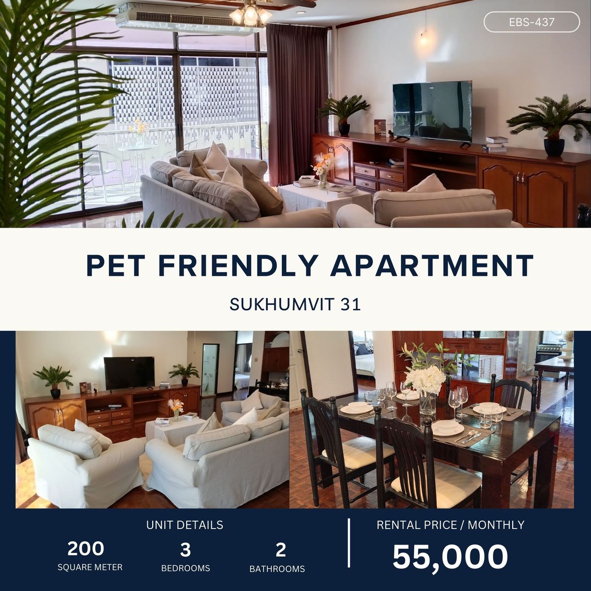 ให้เช่าสุขุมวิท อโศก ทองหล่อ : Pet Friendly Apartment in Phromphong 3 Bed 200 sqm 55,000 per month