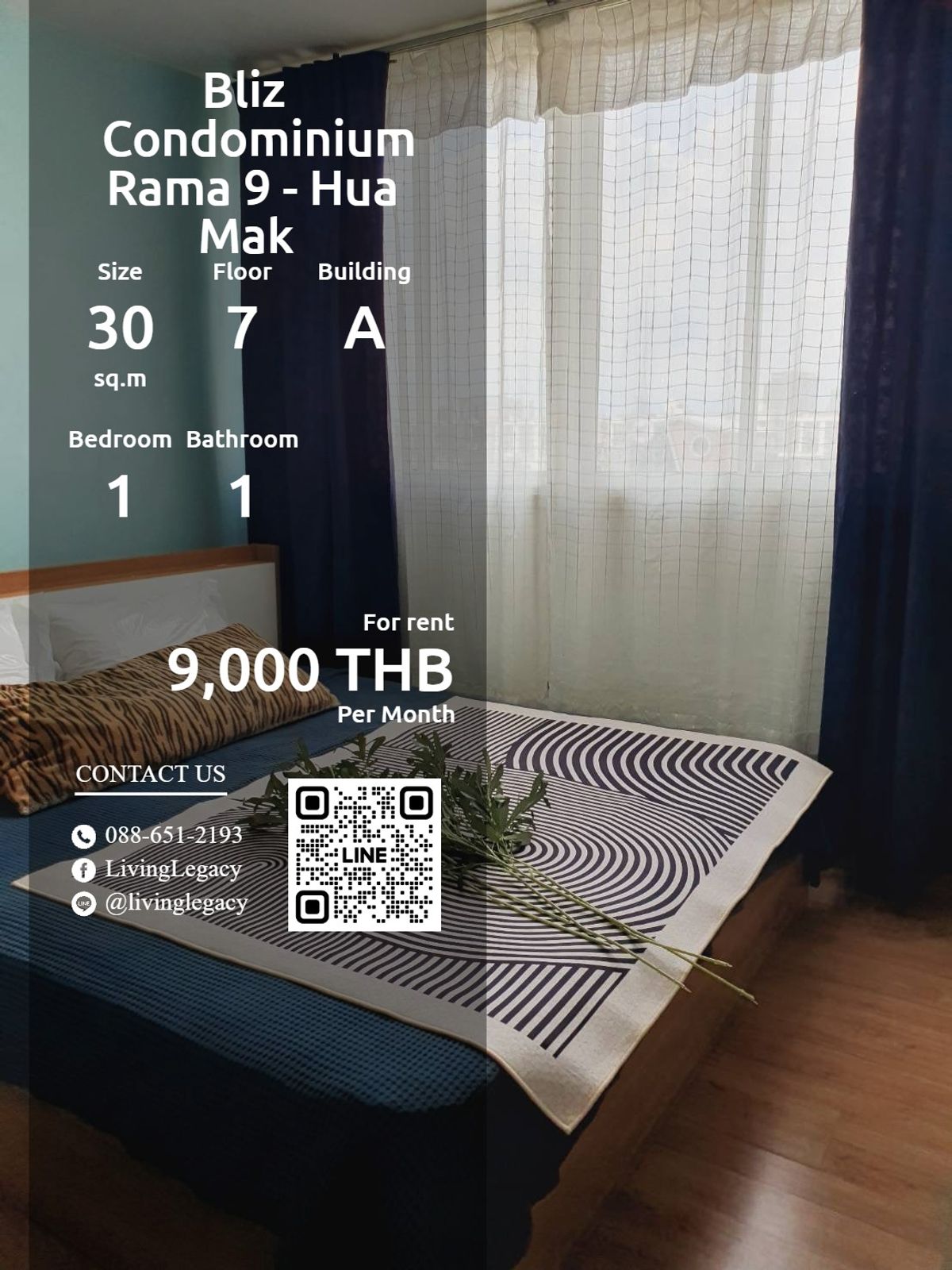 ให้เช่าคอนโดพัฒนาการ ศรีนครินทร์ : SJ872A ให้เช่าคอนโด Bliz Condominium Rama 9 - Hua Mak 30 ตร.ม. ชั้น 7 ตึก A line id : @livinglegacy