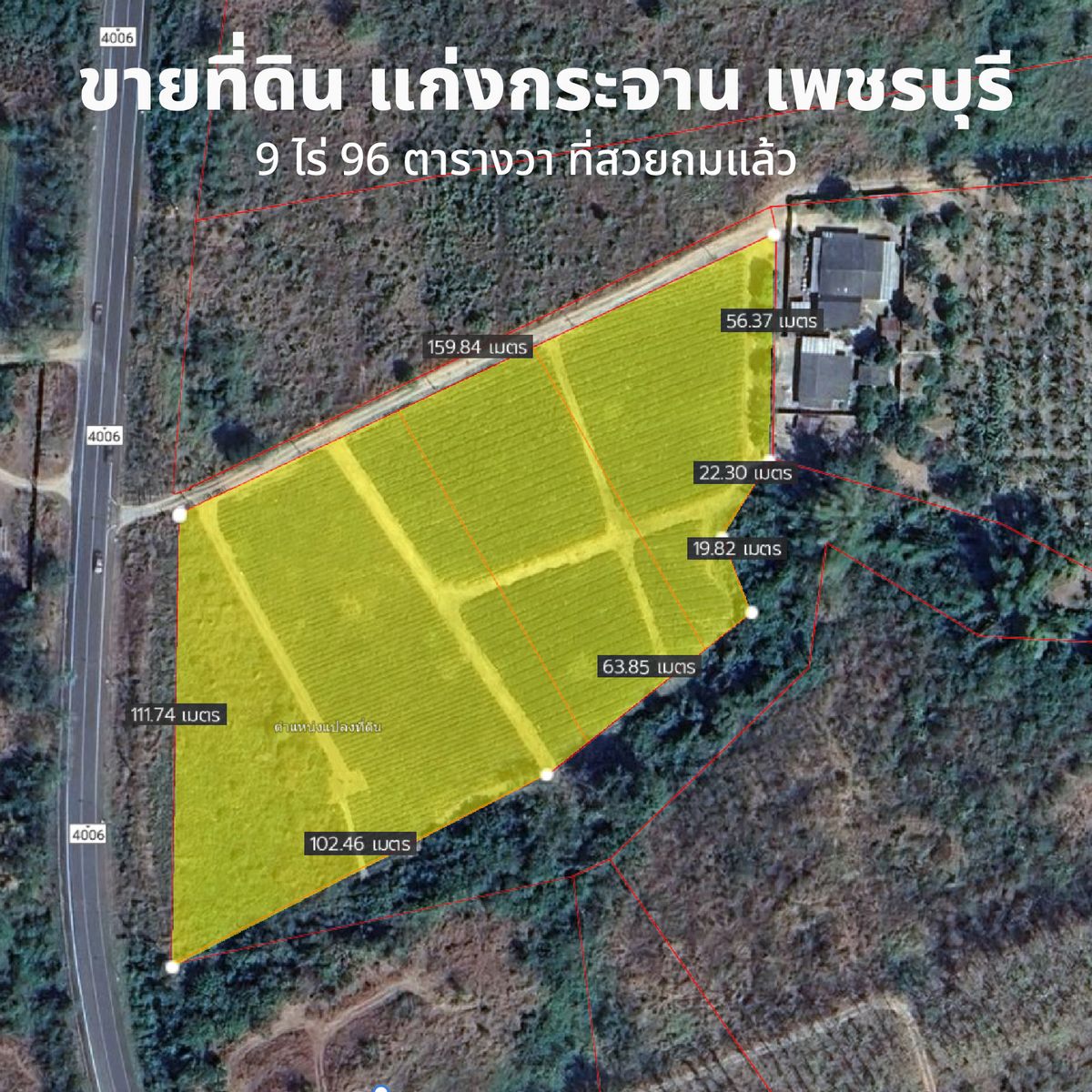 ขายที่ดินชะอำ เพชรบุรี : ขายที่ดิน 9 ไร่ 96 ตร.ว. วิวเขา ติดถนนหลวง พบ.4006 | แก่งกระจาน เพชรบุรี | ไร่ละ 800,000