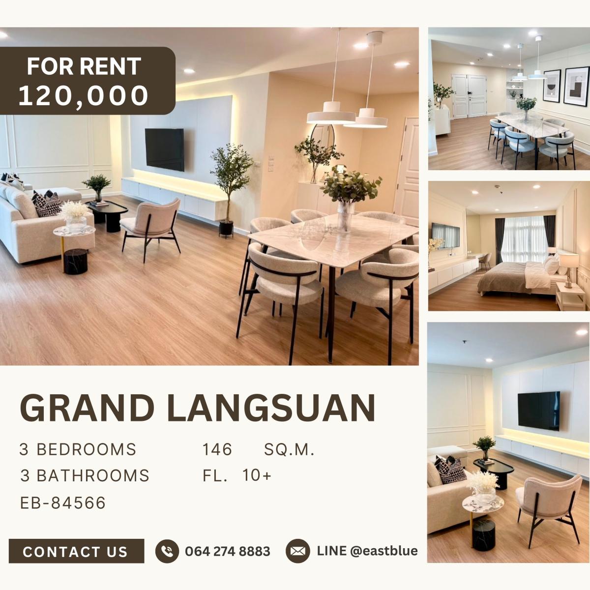 For RentCondoWitthayu, Chidlom, Langsuan, Ploenchit : Grand Langsuan, 3  bed,  120000  per month