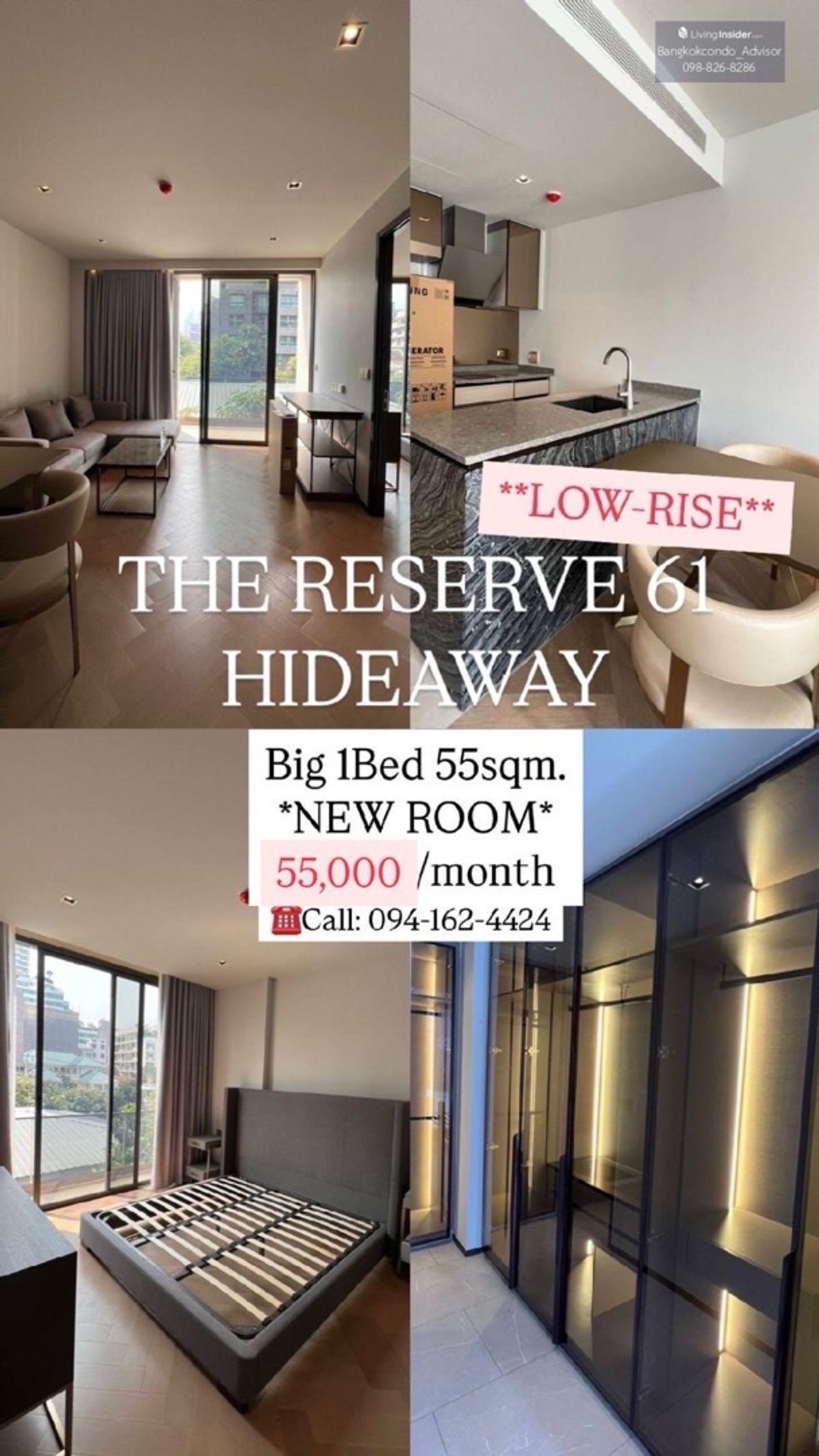 ให้เช่าคอนโดสุขุมวิท อโศก ทองหล่อ : Luxury LOW-RISE @Ekkamai,, The Reserve Hideaway Sukhumvit 61,, Rent 55,000/mo ☎️Tel/Line: 0941624424