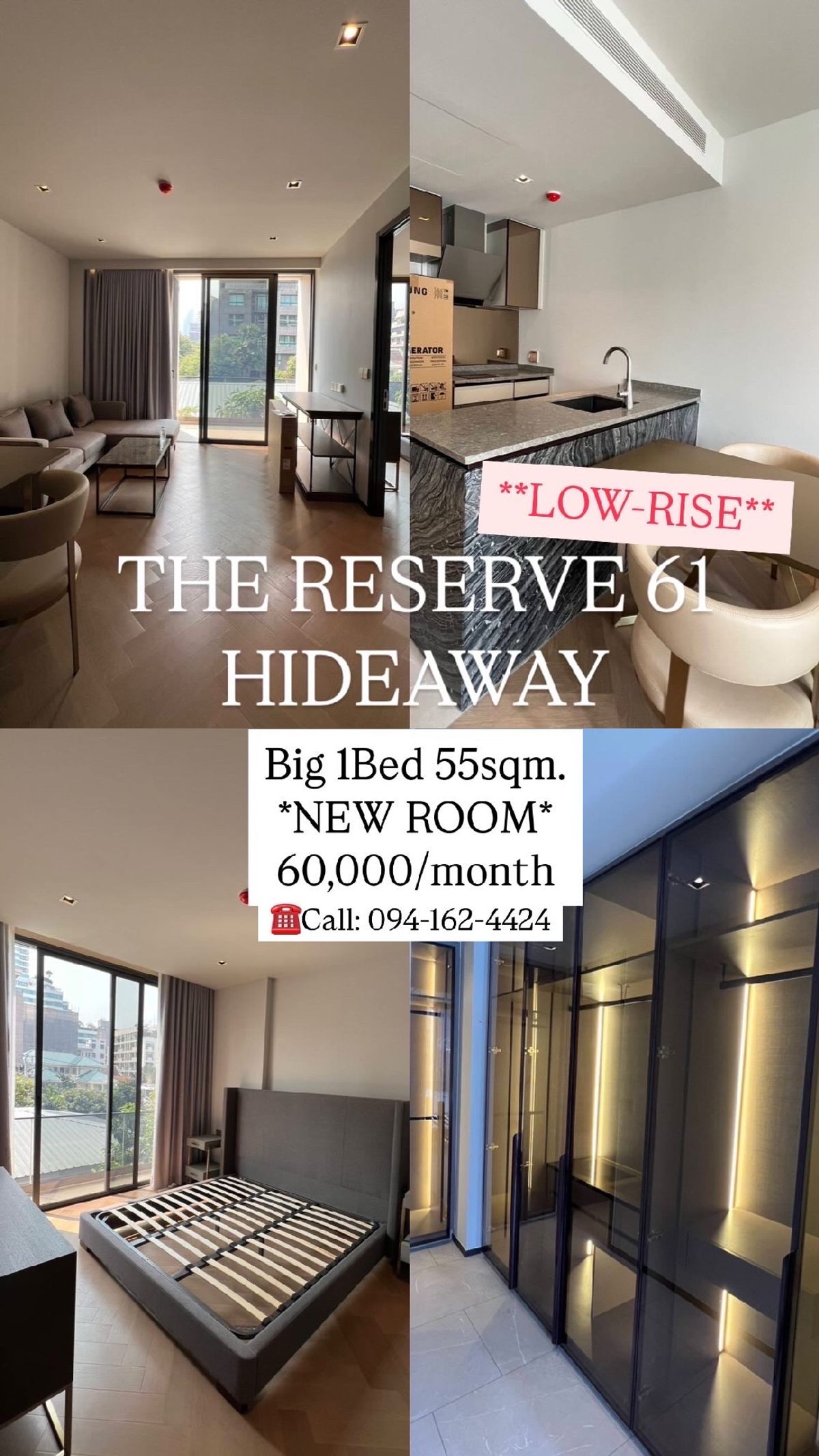 ให้เช่าคอนโดสุขุมวิท อโศก ทองหล่อ : Luxury LOW-RISE @Ekkamai,, The Reserve Hideaway Sukhumvit 61,, Rent 60,000/mo ☎️Tel/Line: 0941624424