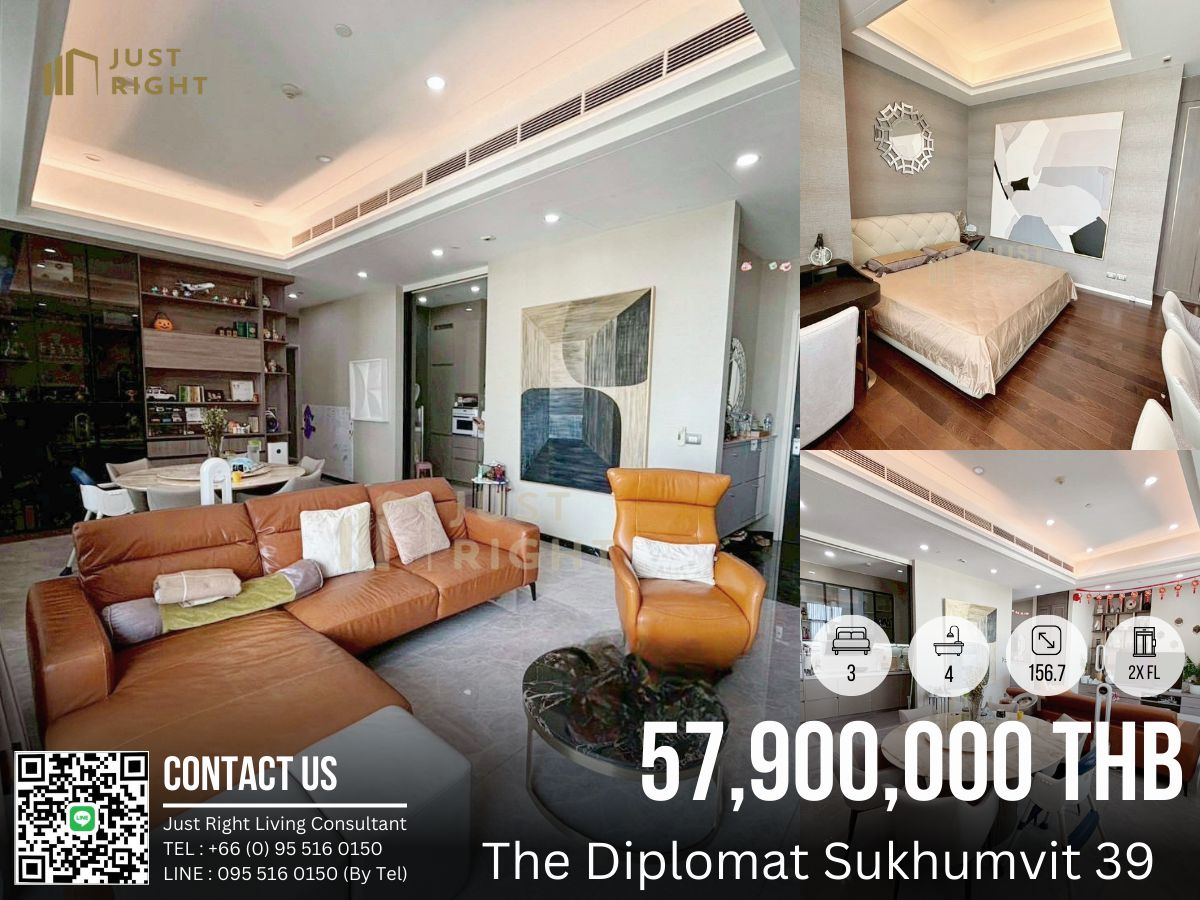 ขายคอนโดสุขุมวิท อโศก ทองหล่อ : ขายห้องราคาดี The Diplomat Sukhumvit 39, 3 ห้องนอน 4 ห้องน้ำ 156.7* ตร.ม. ชั้น 2x ฟรีเฟอร์และเครื่องใช้ไฟฟ้าทั้งห้อง ลดพิเศษเพียง 57.9* ล้านบาท (ค่าธรรมเนียมการโอน 2% ชำระฝ่ายละ 1%)