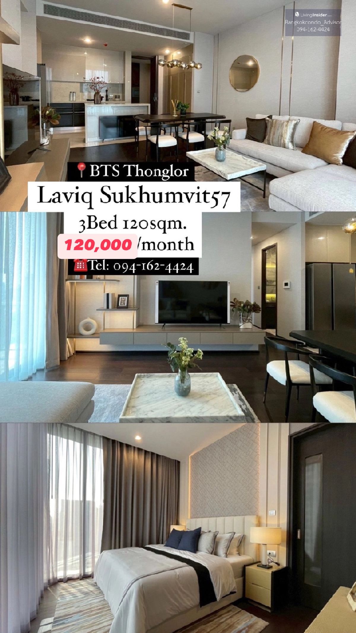 ให้เช่าคอนโดสุขุมวิท อโศก ทองหล่อ : LAVIQ Sukhumvit 57 @BTS THONGLOR,, Big 3Bedrooms 120,000 ☎️Tel/Line: 094-162-4424