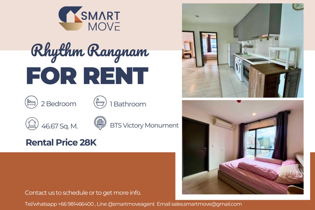 For RentCondoRatchathewi,Phayathai : 🔥For Rent !!🔥 Code C20230105266..........Rhythm Rangnam, 2 bedroom, 1 bathroom, high floor 10++, furnished, ready to move in 📣📣
