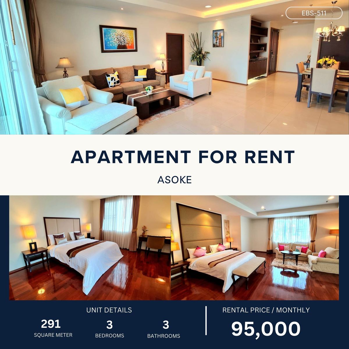 ให้เช่าสุขุมวิท อโศก ทองหล่อ : European – Modern Thai Style Apartment in the heart of Asoke 2B 291 sqm 95,000 