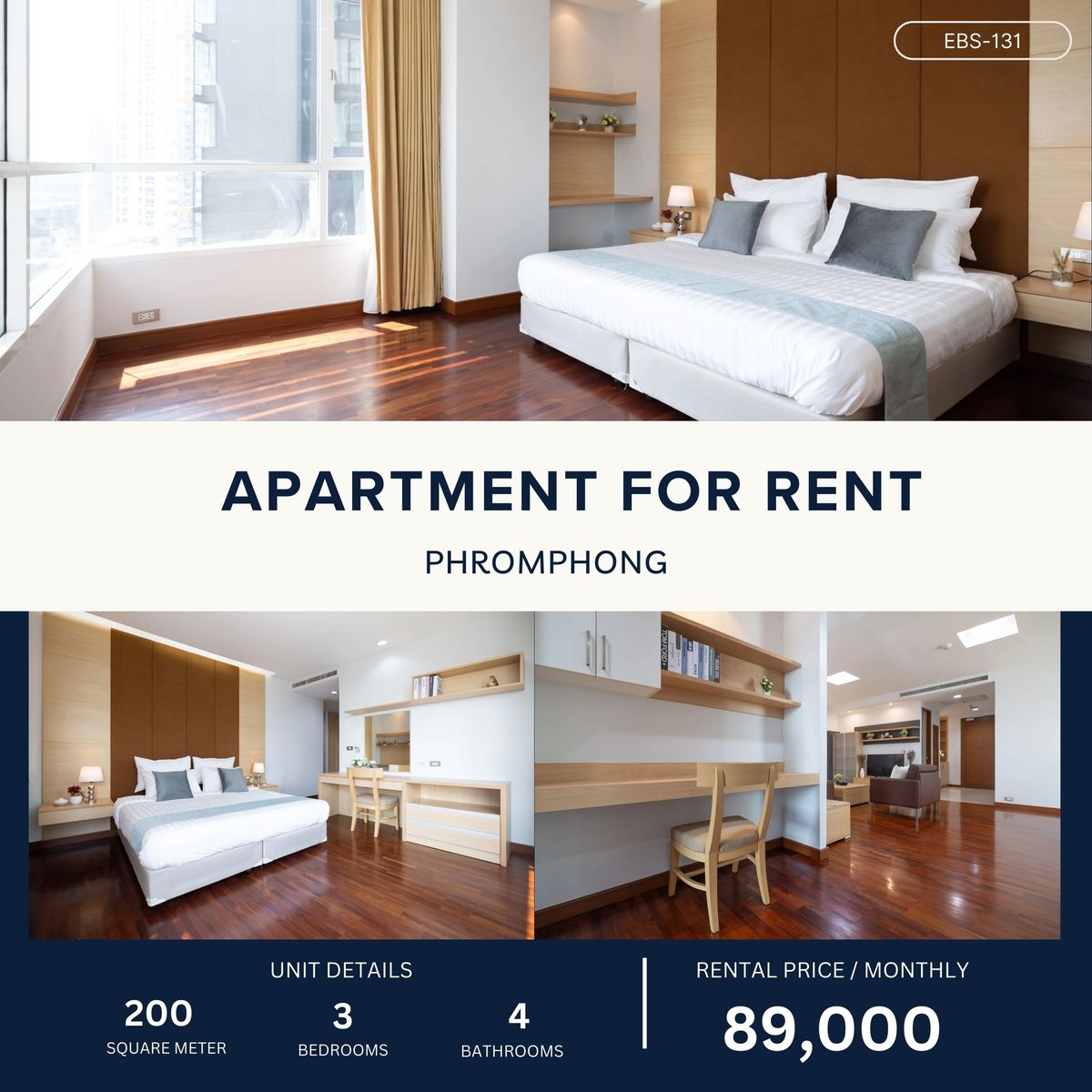 ให้เช่าสุขุมวิท อโศก ทองหล่อ : Big-Sized Apartment in Phromphong 3 Bed 200 sqm 89,000 per month