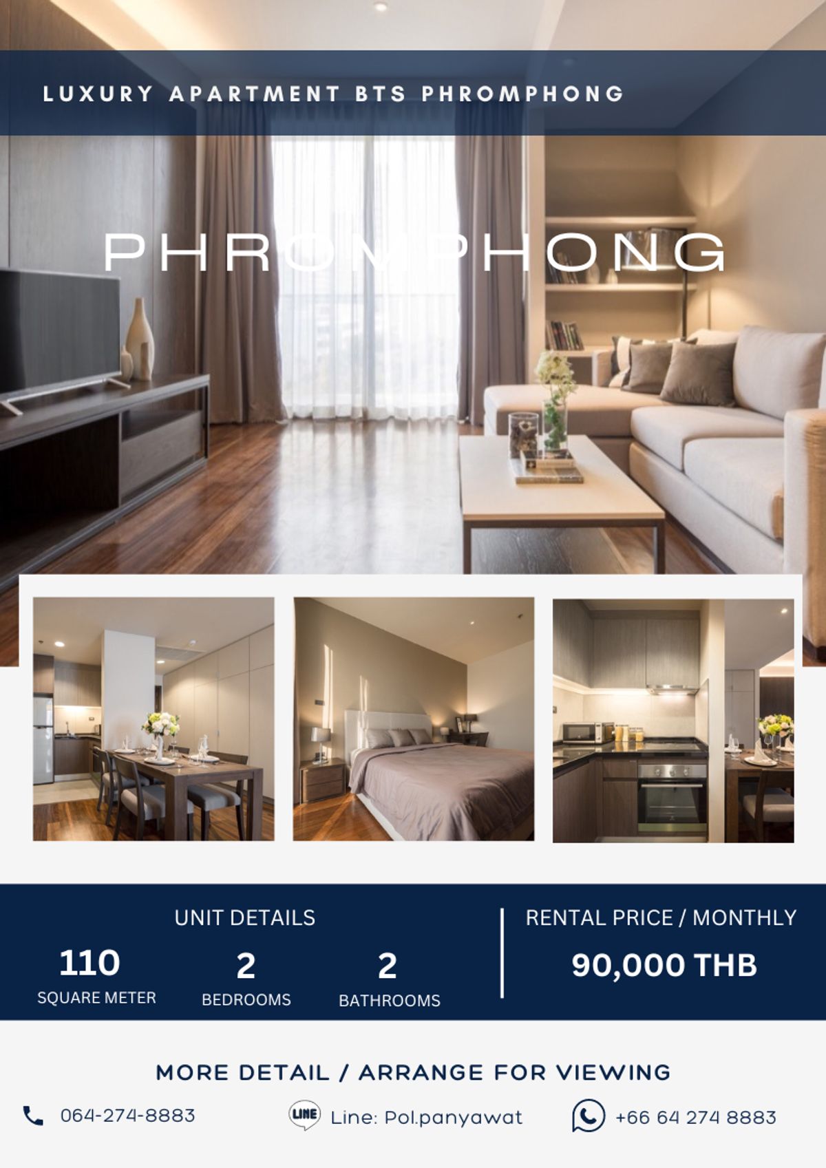 ให้เช่าสุขุมวิท อโศก ทองหล่อ : Modern Luxury Apartment Sukhumvit 30 2 Bed 2 Bath 110 sqm — 90,000 per month