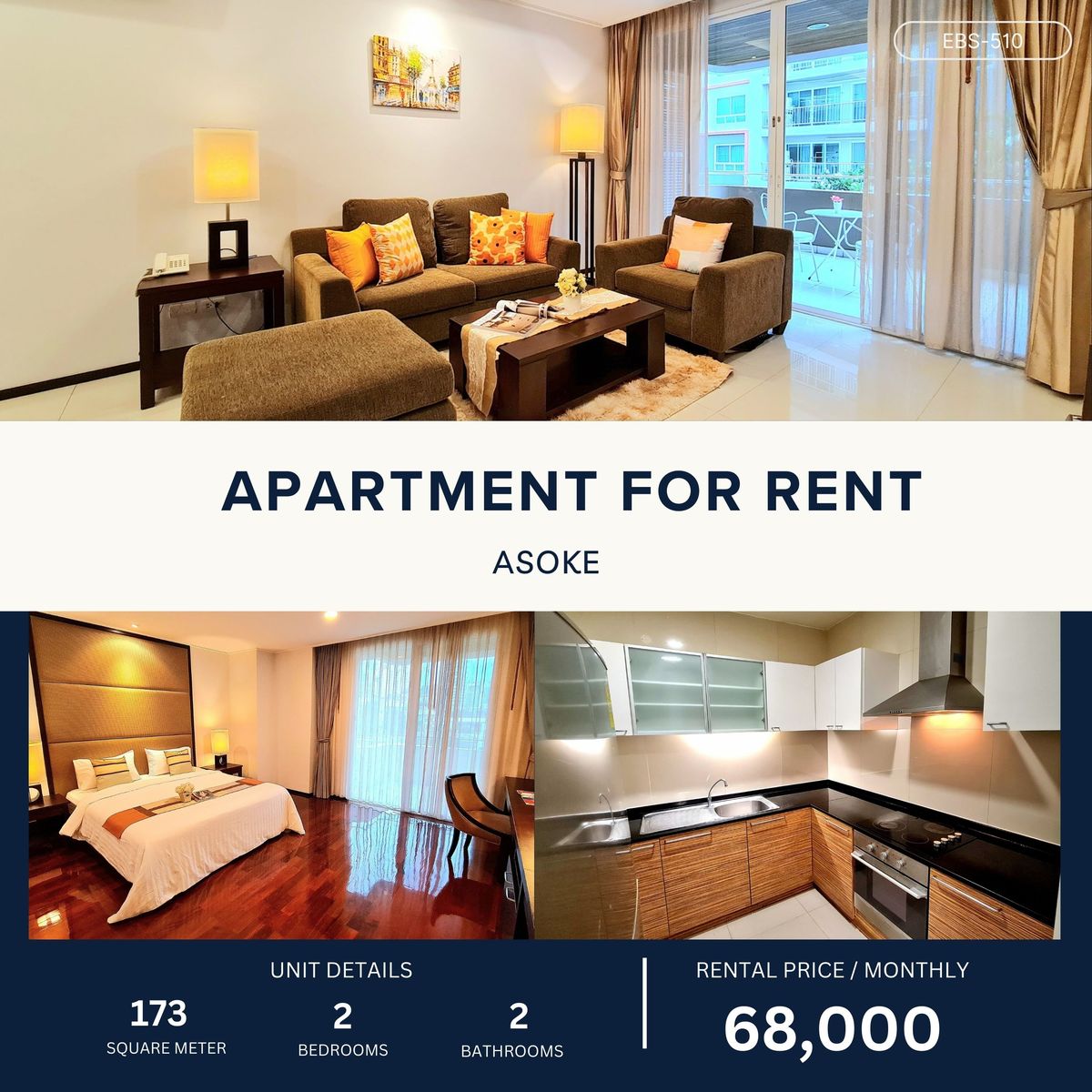 ให้เช่าสุขุมวิท อโศก ทองหล่อ : European – Modern Thai Style Apartment in the heart of Asoke 2B 173 sqm 68,000 