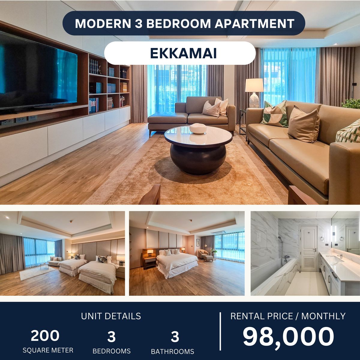 ให้เช่าสุขุมวิท อโศก ทองหล่อ : Brand New Luxury Apartment in Ekkamai 3BR 180 sqm 98,000 per month