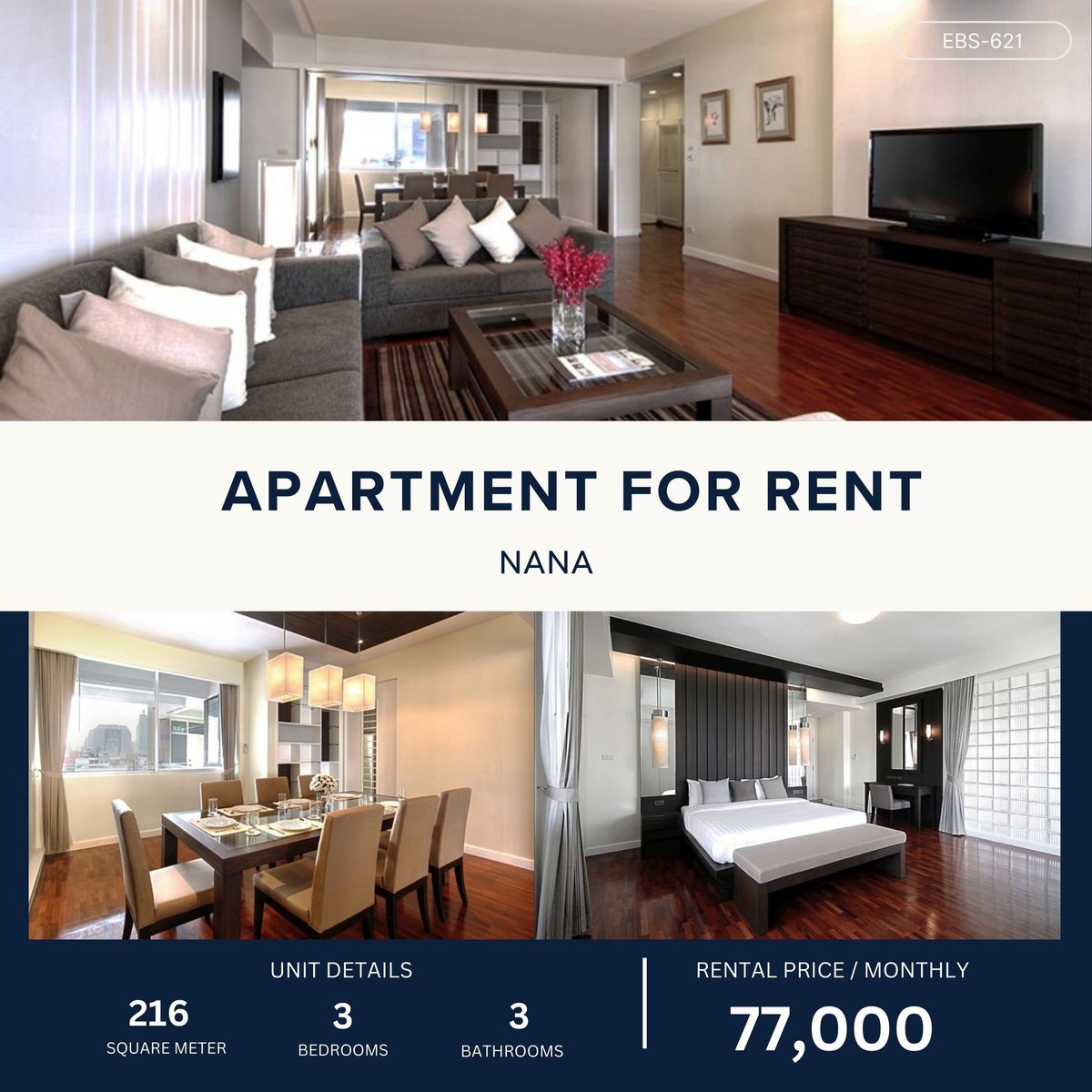 ให้เช่านานา : 3BR Apartment 100 metres from Nana BTS 216 sqm 77,000 per month