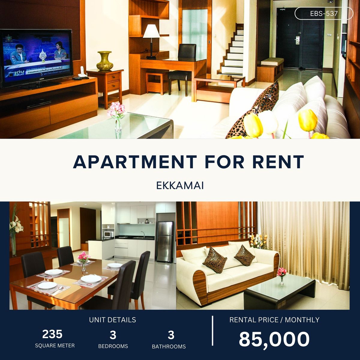 ให้เช่าสุขุมวิท อโศก ทองหล่อ : Privacy, Comfort 3 BR  235 sqm Apartment in Ekkamai 85,000 per month