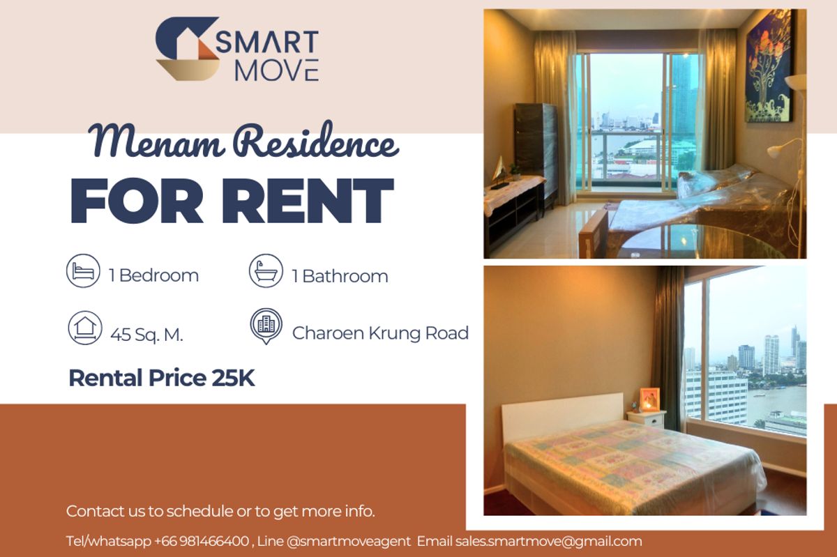 For RentCondoSathorn, Narathiwat : 🔥For Rent !!🔥Code C20250400050.........Menam Residence, 1 bedroom, 1 bathroom , river view, high floor 10++, furnished, ready to move in 📣📣