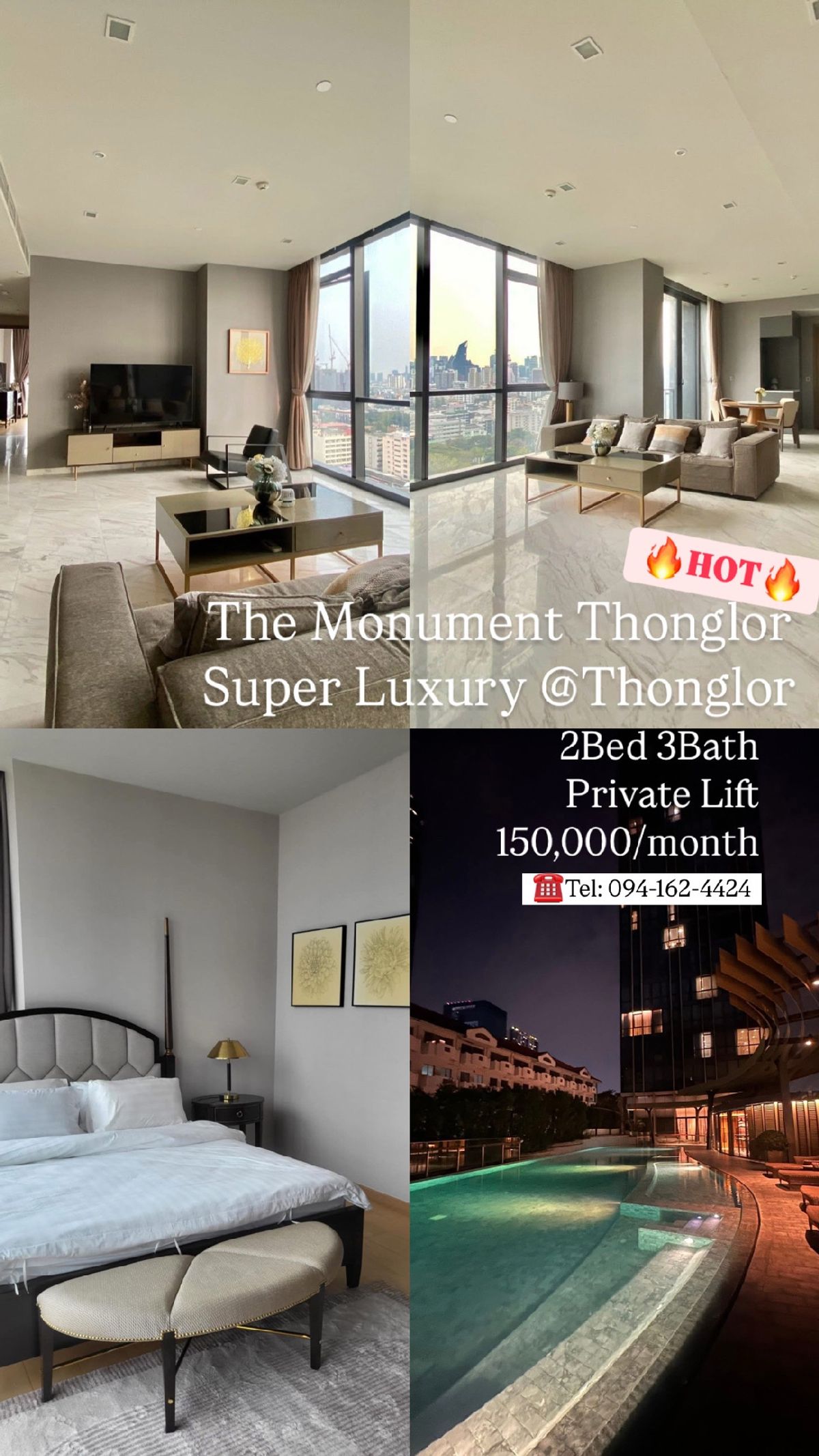 ให้เช่าคอนโดสุขุมวิท อโศก ทองหล่อ : The Monument Thonglor *SUPER LUXURY* 2Bed3Bath 150,000/month ☎️Call/Line: 094-162-4424