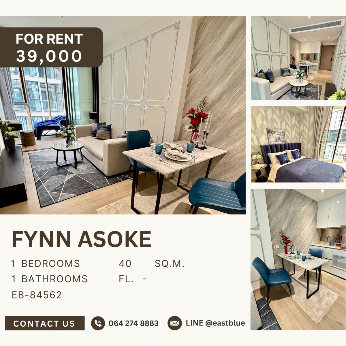 ให้เช่าคอนโดสุขุมวิท อโศก ทองหล่อ : Fynn Asoke, 1  bed,  39000  per month