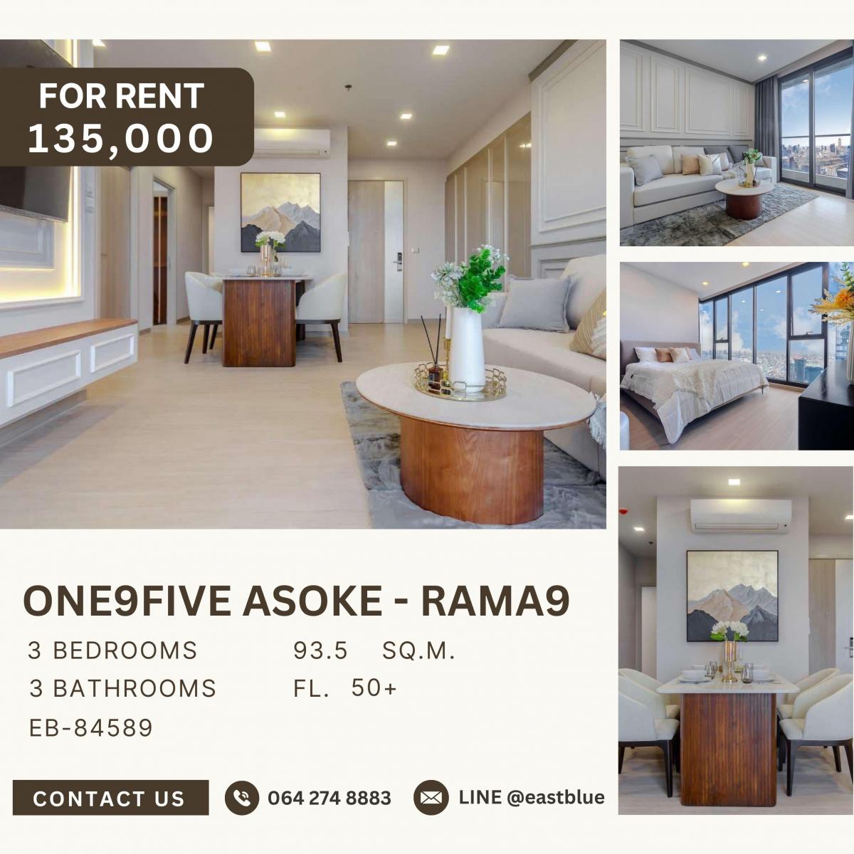 ให้เช่าคอนโดพระราม 9 เพชรบุรีตัดใหม่ RCA : One9Five Asoke - Rama9, 3 bed, 135000 per month