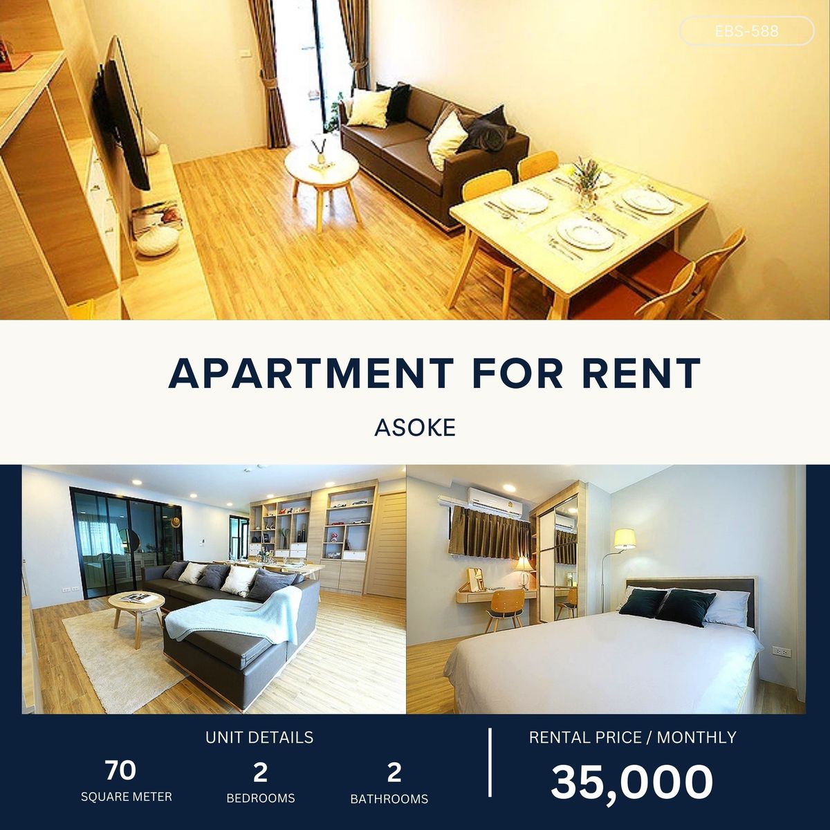 ให้เช่าสุขุมวิท อโศก ทองหล่อ : Comfortable, Cozy, Pet-Friendly Apartment in the center of Asoke 2BR 2BA 70 sqm 35,000 