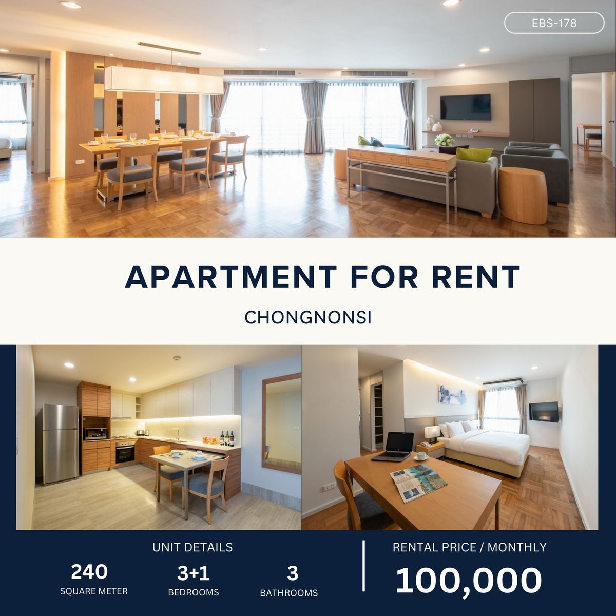ให้เช่าสาทร นราธิวาส : Resort-style Apartment in Chongnonsi 3B2B 240 sqm 100,000