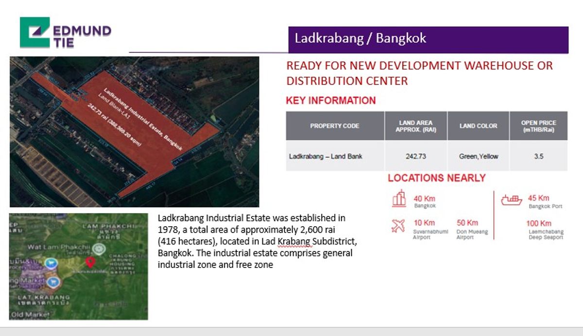 For SaleLandLadkrabang, Suwannaphum Airport : Vacant Land in Ladkrabang Industrial Estate for Sale, 242.73 Rai, Ready for New Development Warehouse or Distribution Center