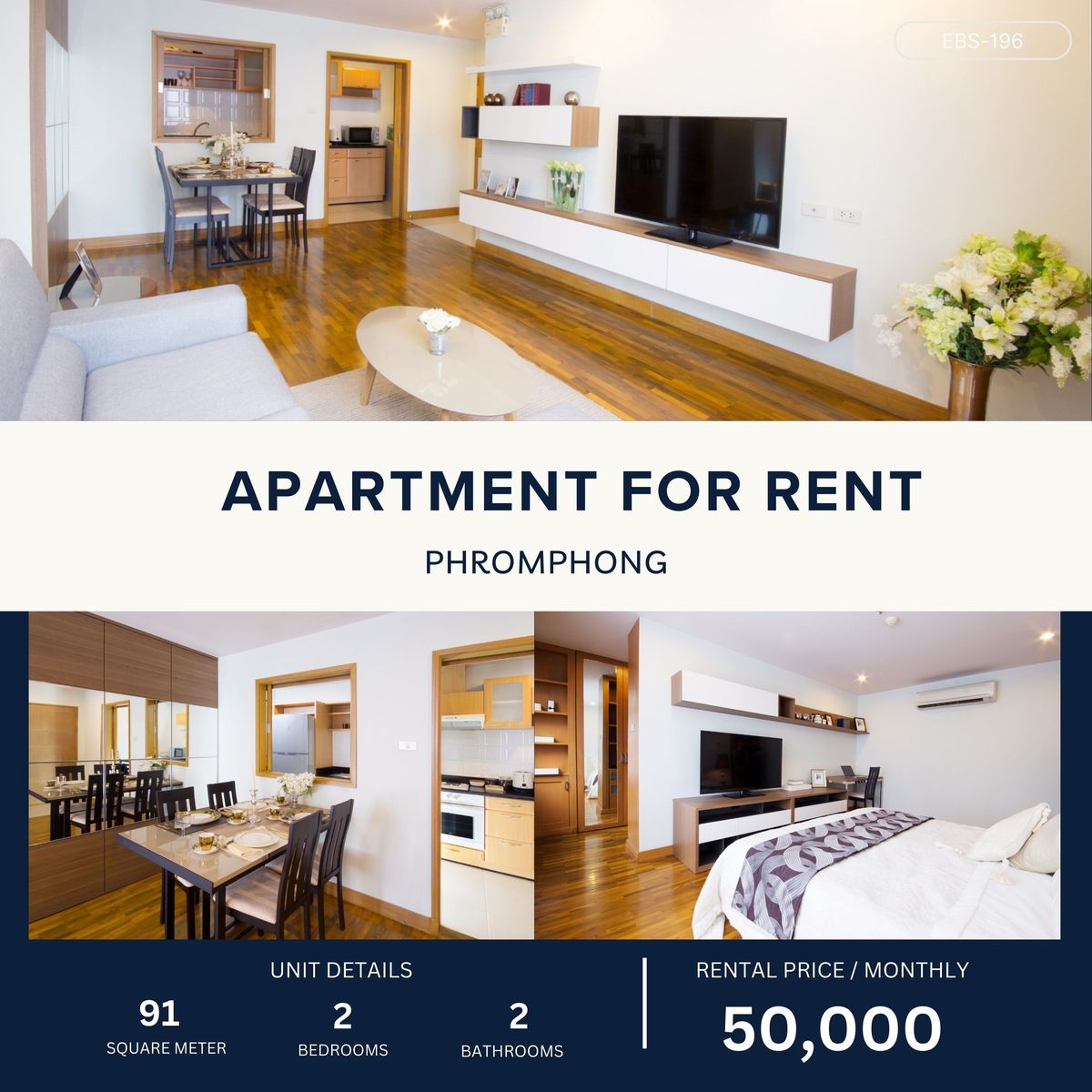 ให้เช่าสุขุมวิท อโศก ทองหล่อ : 2 BR Apartment in Phrom Phong 91 sqm แต่งสไตล์โมเดิร์น ห้องสวย น่าอยู่  ใกล้สวนเบญ ใกล้ Emquatier 50,000