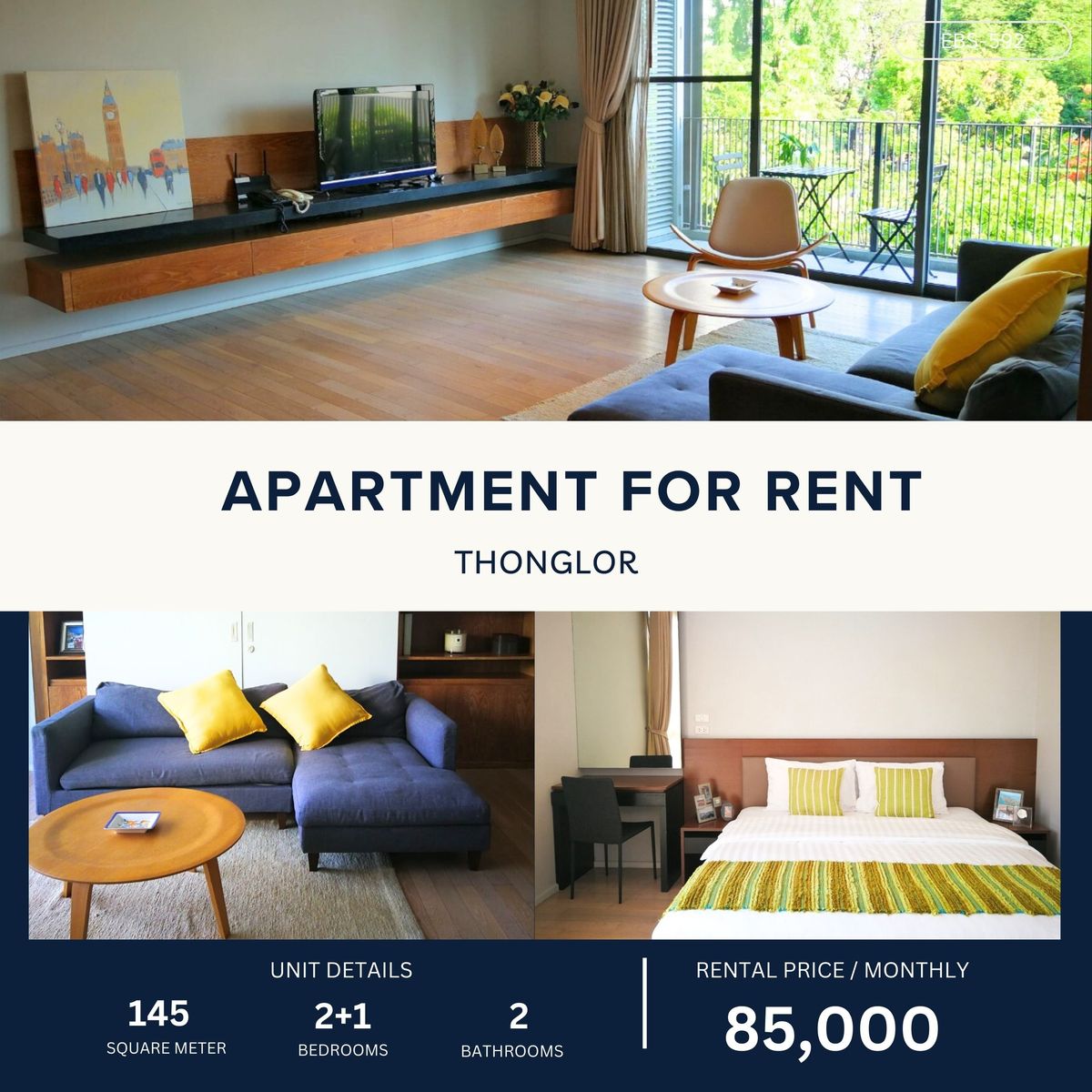 ให้เช่าสุขุมวิท อโศก ทองหล่อ : Spacious 2+1 BR Apartment in Thonglor 145 sqm 85,000 per month