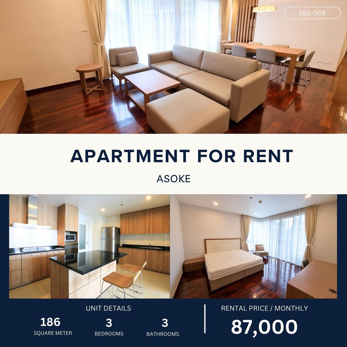 ให้เช่าสุขุมวิท อโศก ทองหล่อ : Spacious  3BR Apartment in Asoke 186 sqm 87,000 per month