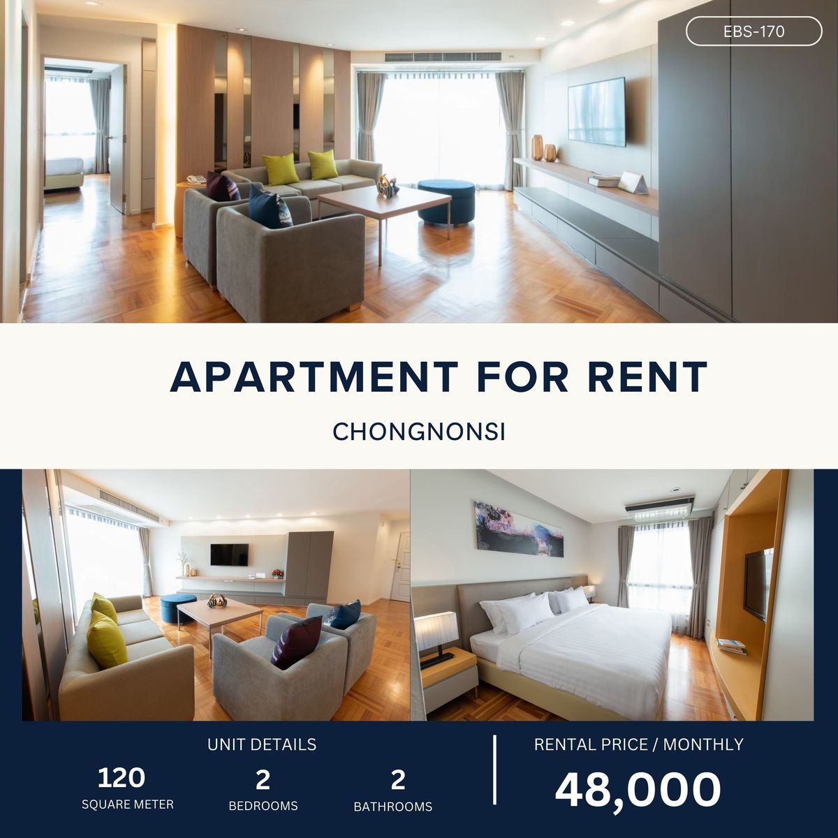 ให้เช่าสาทร นราธิวาส : Resort-style Apartment in Chongnonsi 2B2B 120 sqm 48,000