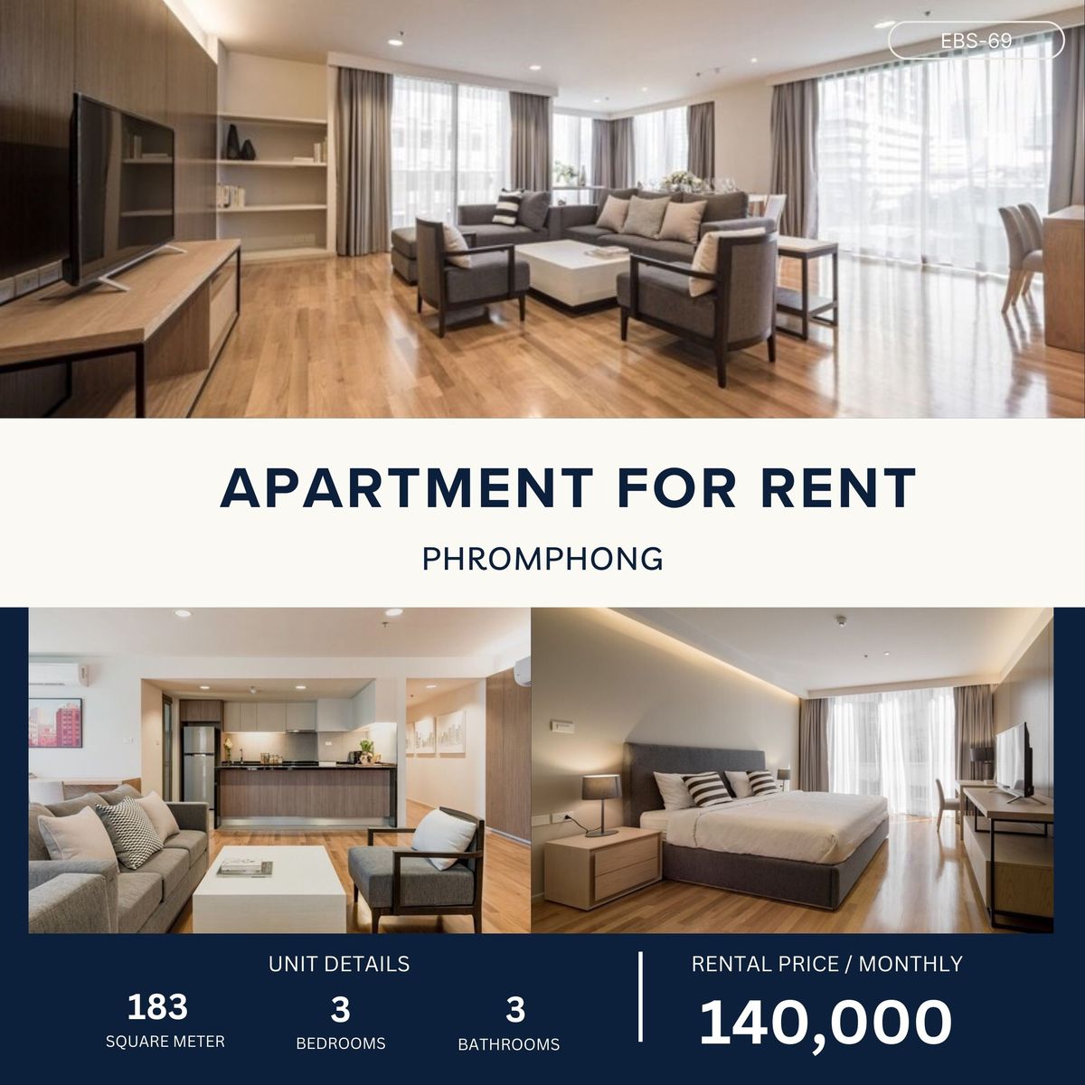 ให้เช่าสุขุมวิท อโศก ทองหล่อ : Modern Luxury Apartment Sukhumvit 30 3 Bed 3 Bath 180 sqm — 140,000 per month