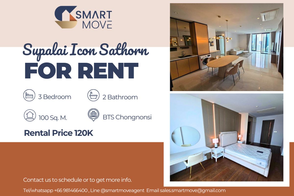 ให้เช่าคอนโดสาทร นราธิวาส : 🔥 สำหรับเช่า !!🔥 Code C20250400051..........Supalai Icon Sathorn, 3 ห้องนอน, 2 ห้องน้ำ, ชั้นสูง 44++, ห้องทิศตะวันออก, แต่งครบ, พร้อมเข้าอยู่ 📣📣