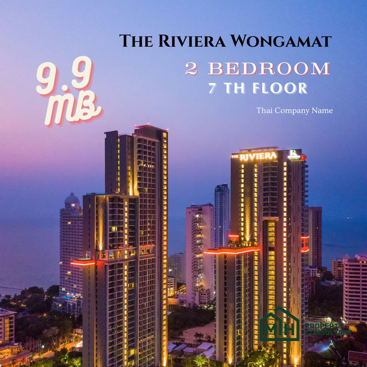 ขายคอนโดพัทยา บางแสน ชลบุรี สัตหีบ : 🌊 The Riviera Wongamat –  9.9 MB | 2BR  | 7 th Floor | Thai company name 🔥
