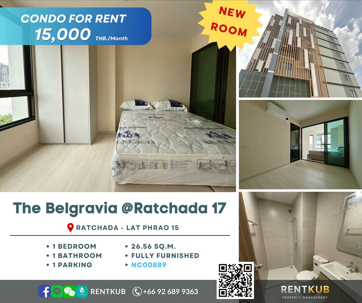 For RentCondoRatchadapisek, Huaikwang, Suttisan : 🔹Condo for Rent | The Belgravia @ Ratchada 17 | 33.39 SQ.M, 1 Bed - 1 Bath | 20,000 thb.