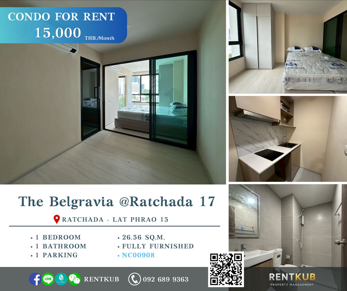 For RentCondoRatchadapisek, Huaikwang, Suttisan : 🔹Condo for Rent | The Belgravia @ Ratchada 17 | 33.39 SQ.M, 1 Bed - 1 Bath | 20,000 thb.