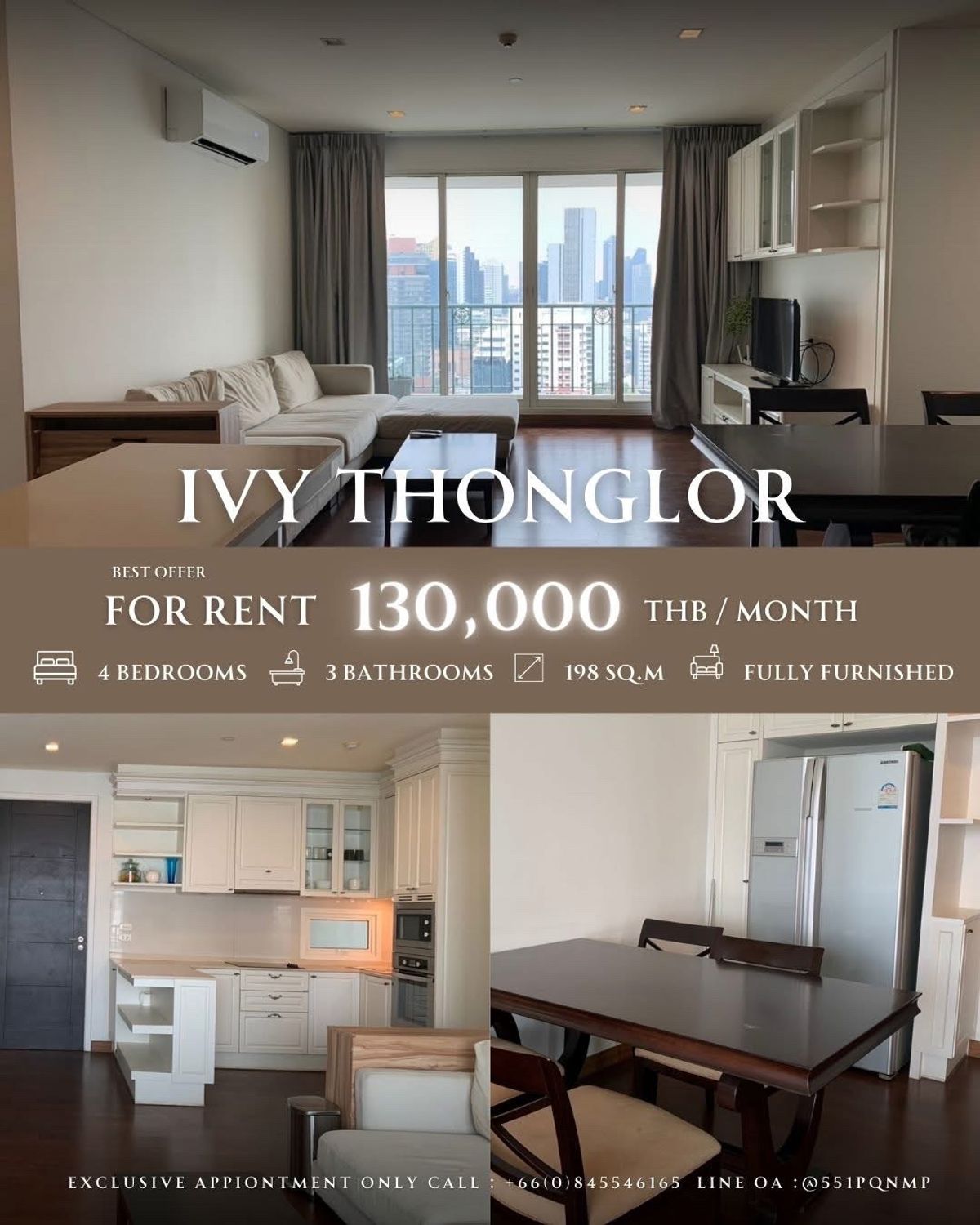 ให้เช่าคอนโดสุขุมวิท อโศก ทองหล่อ : FOR RENT Condo Ivy Thonglor 4 bedrooms High floor 198 sq.m. nearby BTS Thonglor Station 130k / month
