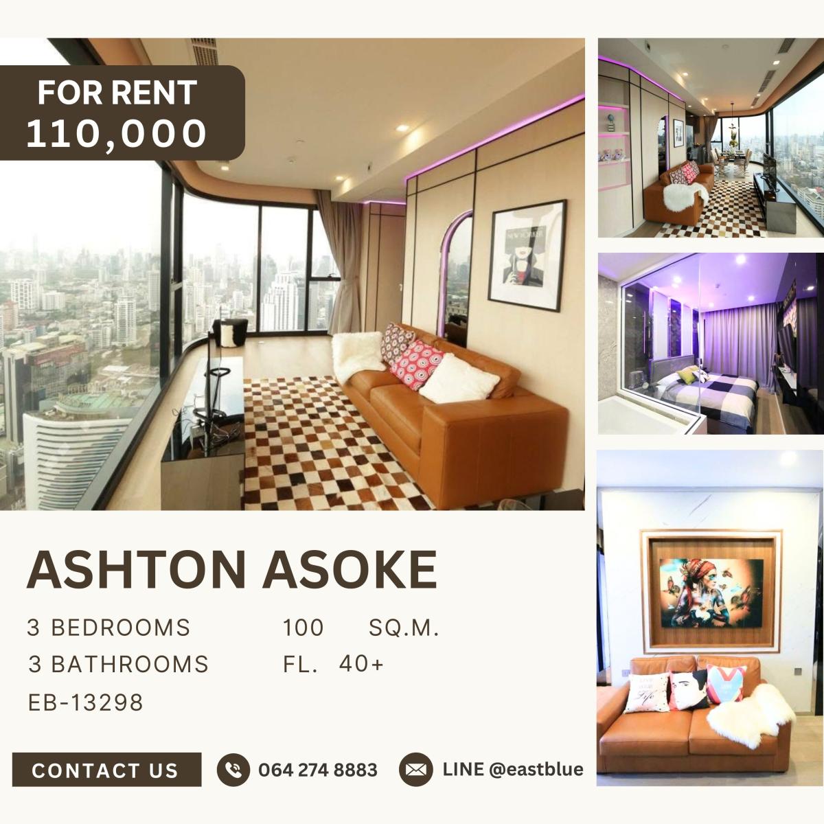 ให้เช่าคอนโดสุขุมวิท อโศก ทองหล่อ : Ashton Asoke, 3 bed, 110000 per month