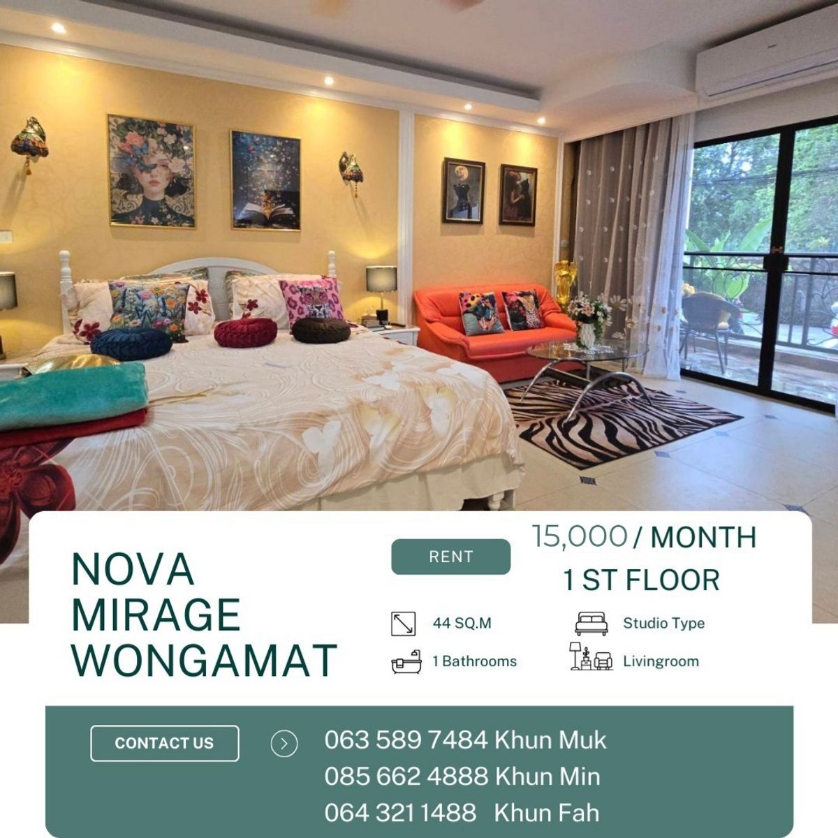 ให้เช่าคอนโดพัทยา บางแสน ชลบุรี สัตหีบ : 📍 Nova Mirage Condominium – Studio Type Condo for Rent | 15,000 THB/Month | 44 Sq.m | 1 st floor 🌊