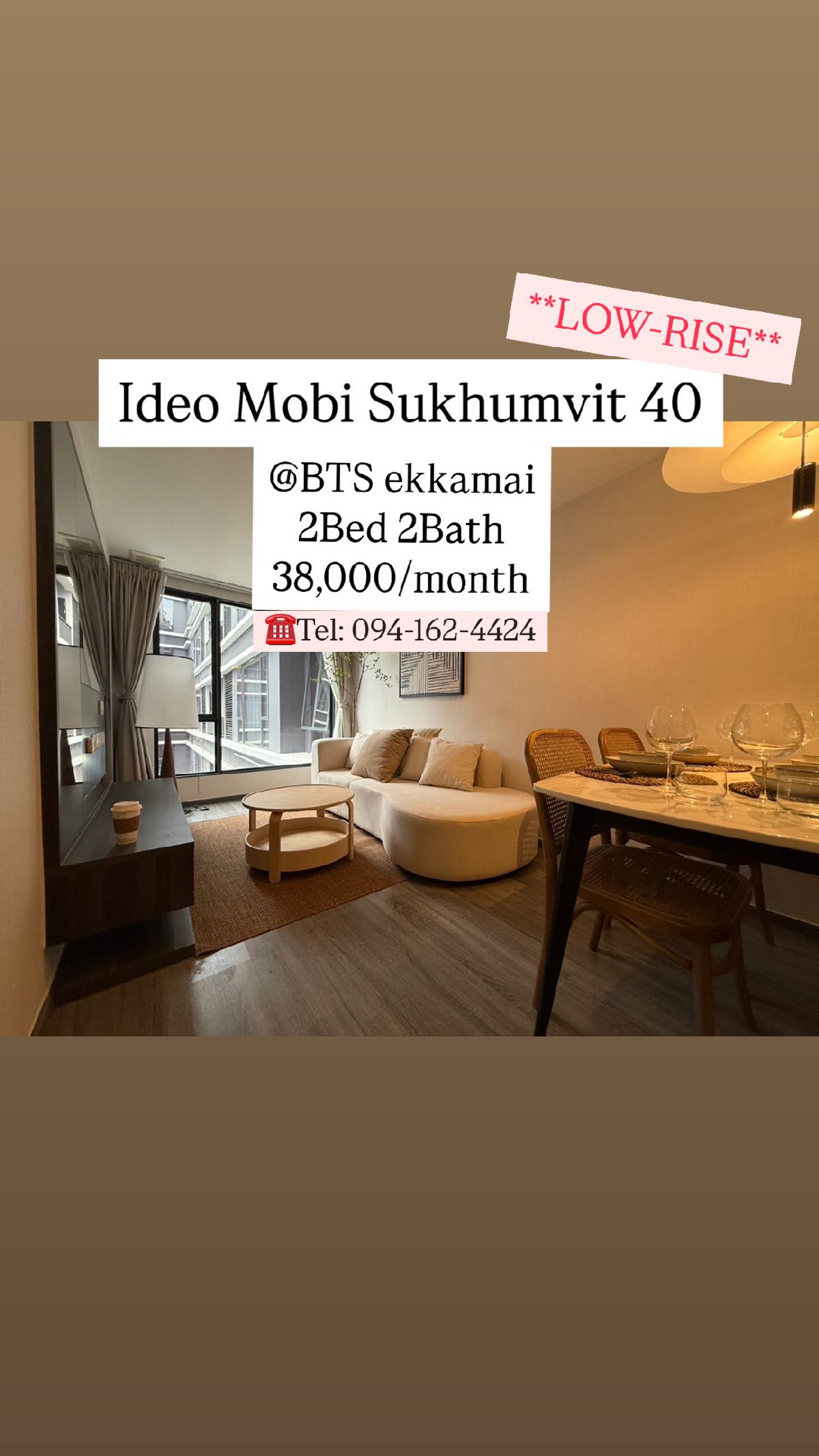 ให้เช่าคอนโดสุขุมวิท อโศก ทองหล่อ : Ideo Mobi Sukhumvit 40 (Low Rise) 2Bedrooms 38,000 *NEW ROOM* ☎️Tel/Line: 094-162-4424