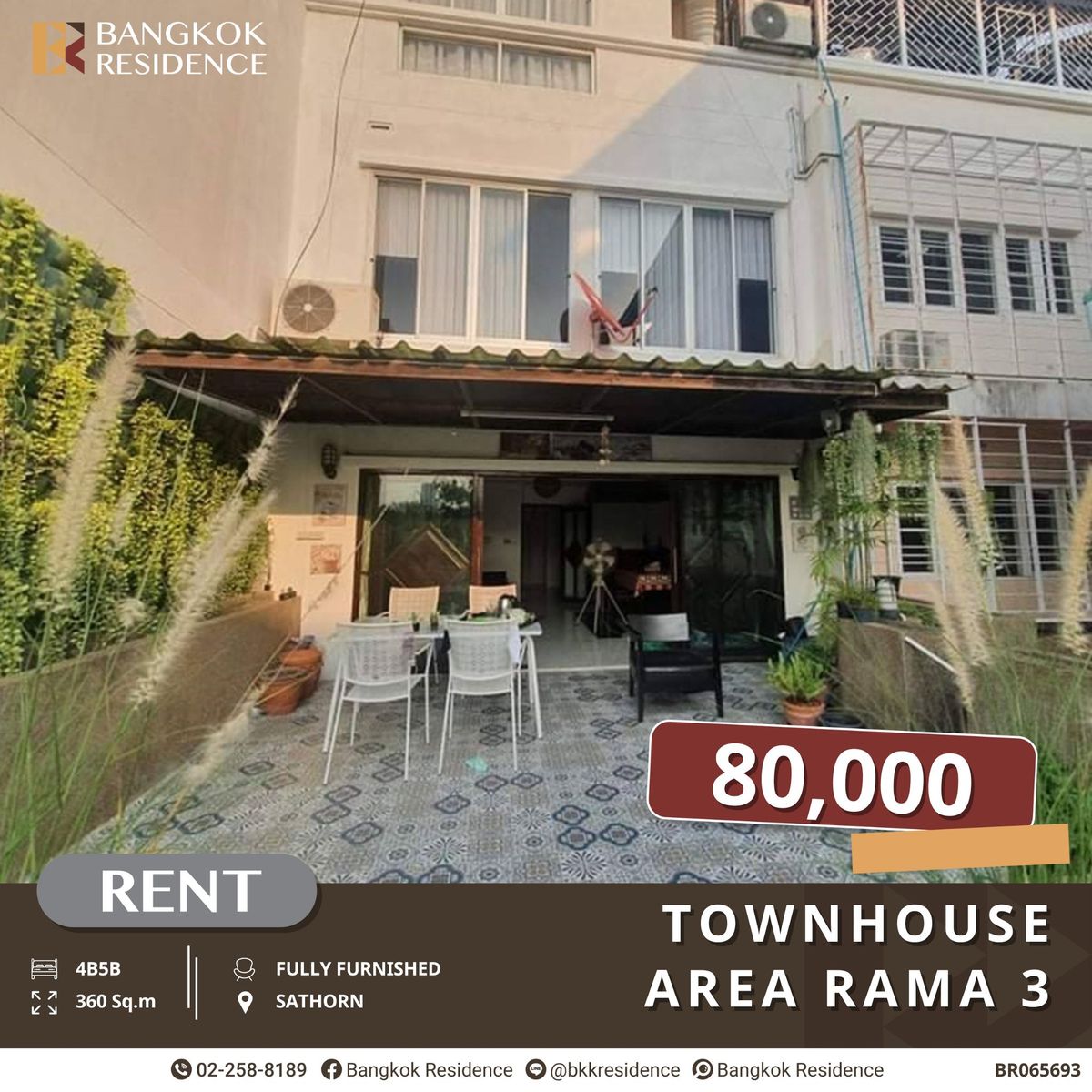 For RentTownhomeRama3 (Riverside),Satupadit : 4-Story Townhouse in Rama 3 Area, 4B5B, 360 sq.m. for Rent at 80K