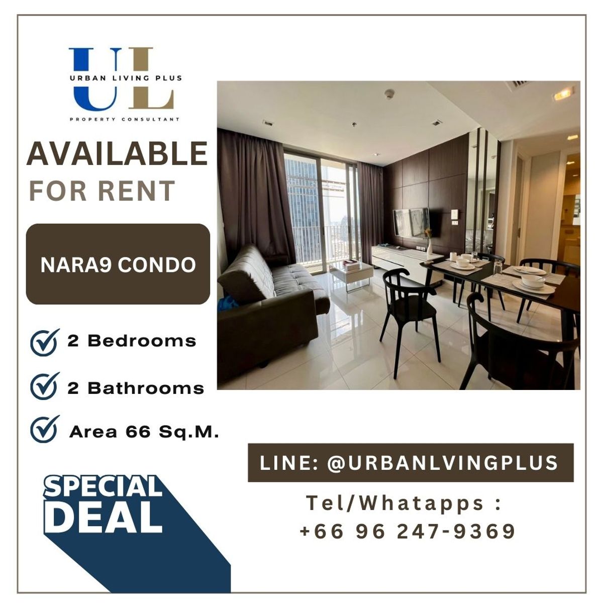 For RentCondoSathorn, Narathiwat : ( UL2405231 ) Tel/Line 096-2479369  FOR RENT!! Nara9 Condo 2 bedrooms, 2 bathrooms, 66 Sq.M. Nice room !!! 🔥🔥🔥