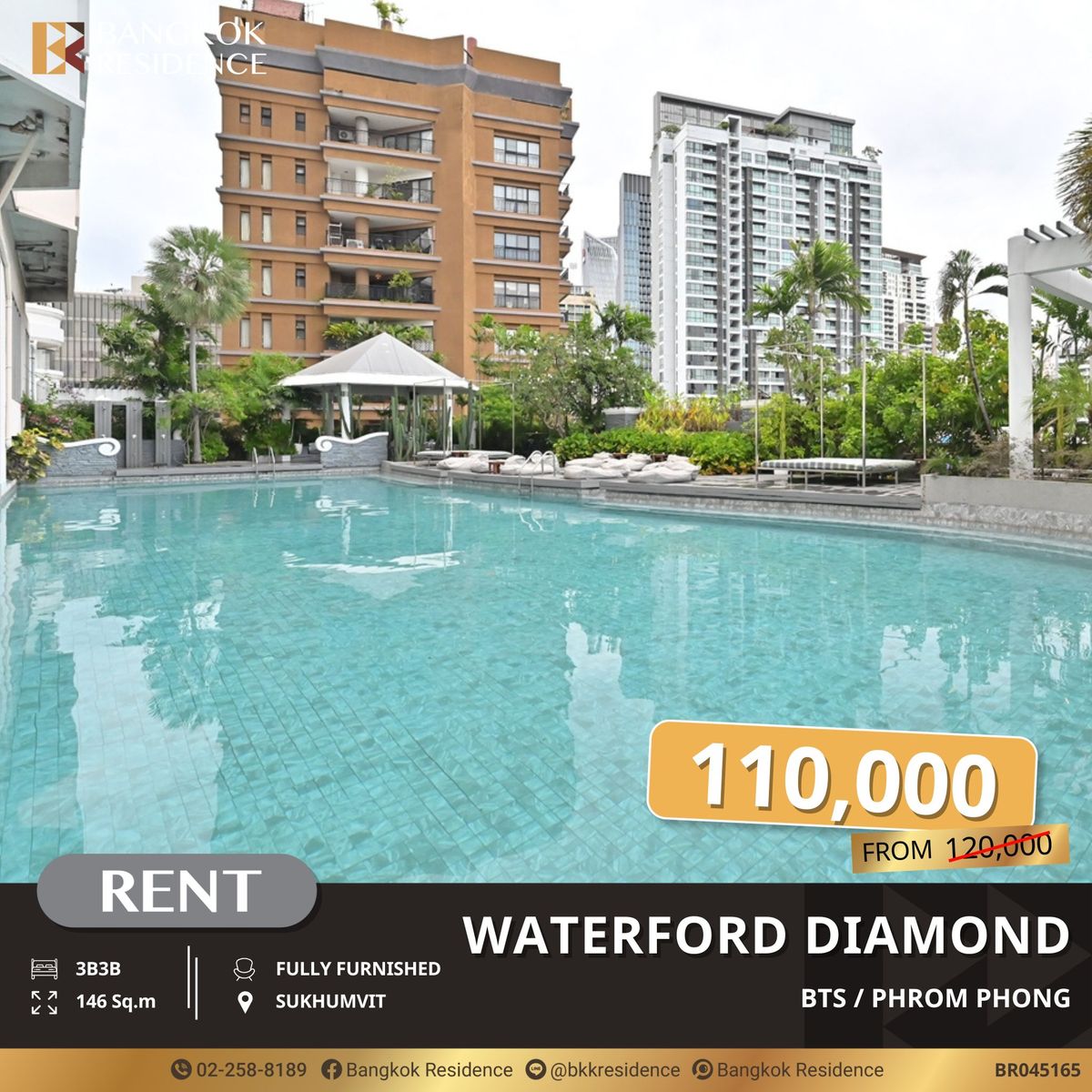 ให้เช่าคอนโดสุขุมวิท อโศก ทองหล่อ : Waterford Diamond ห้องใหญ่สุดหรู 3 ห้องนอน ใกล้ BTS พร้อมพงษ์