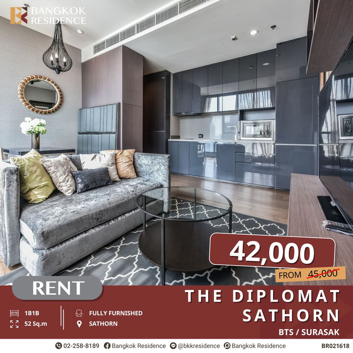 For RentCondoSathorn, Narathiwat : Spacious 52 sq.m. at The Diplomat Sathorn, Prime Sathorn Location near BTS Surasak
